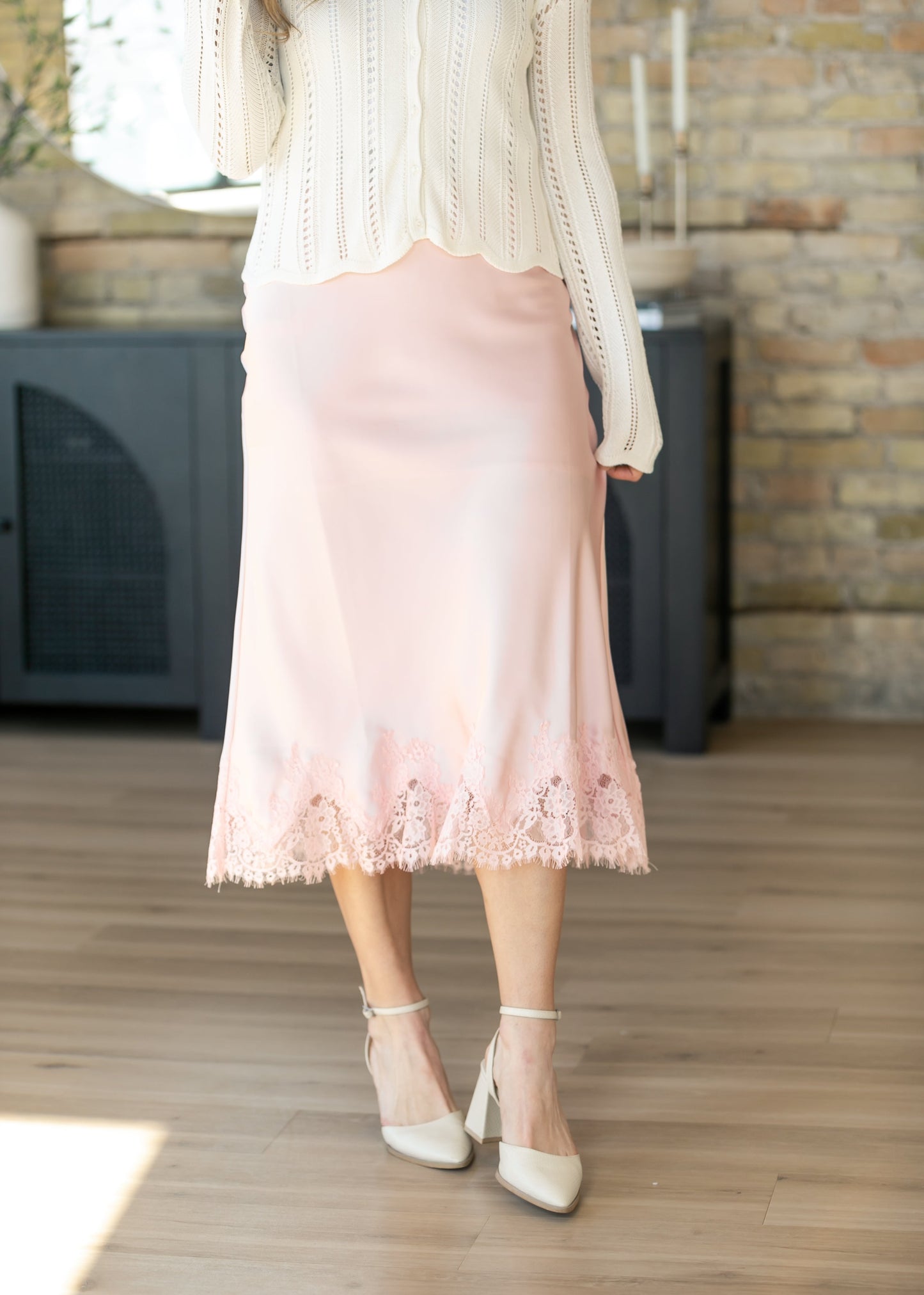 Silky Lace Trim Midi Skirt