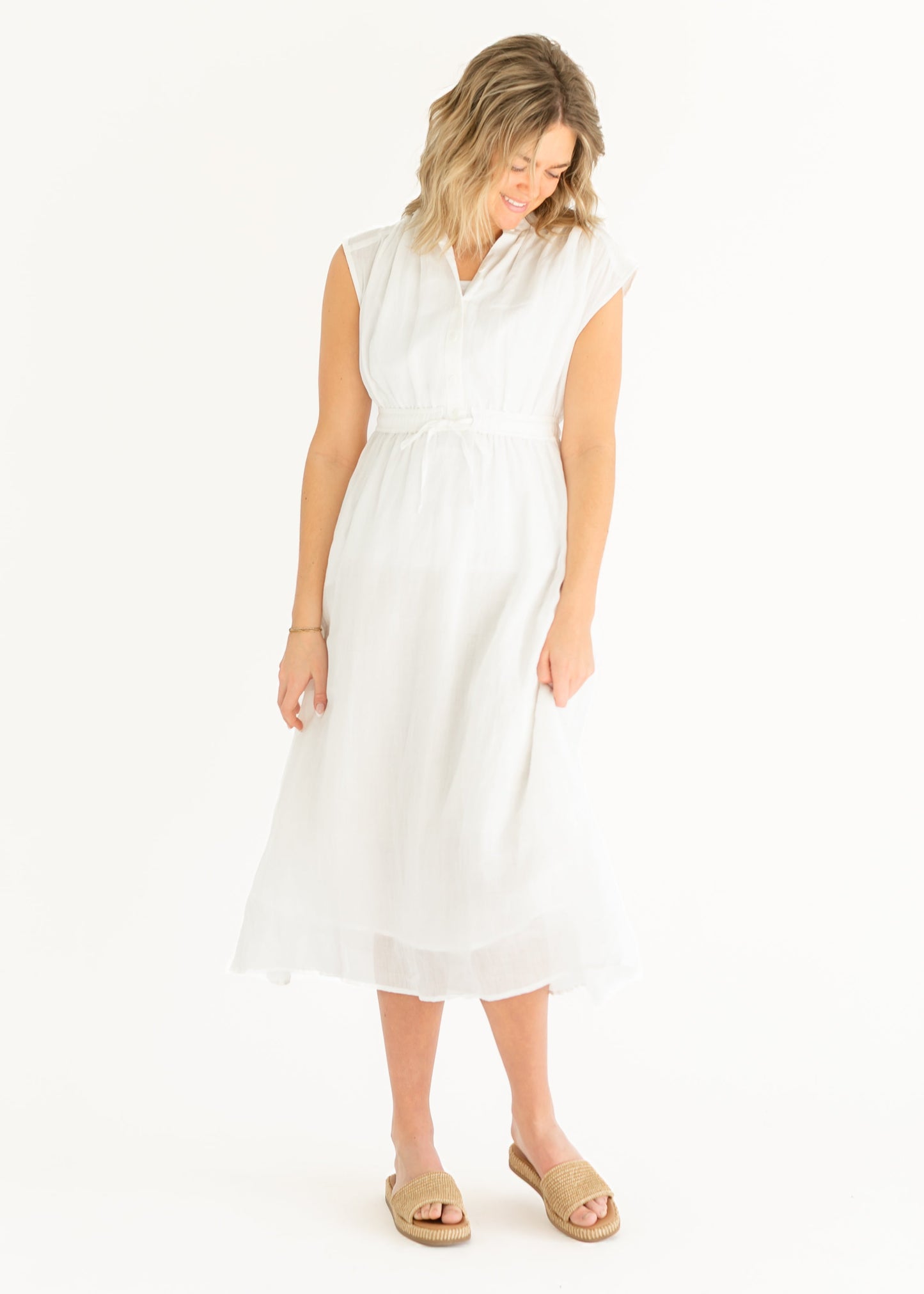 elan Cap Sleeve Button Front Tie Waist Maxi Dress - FINAL SALE