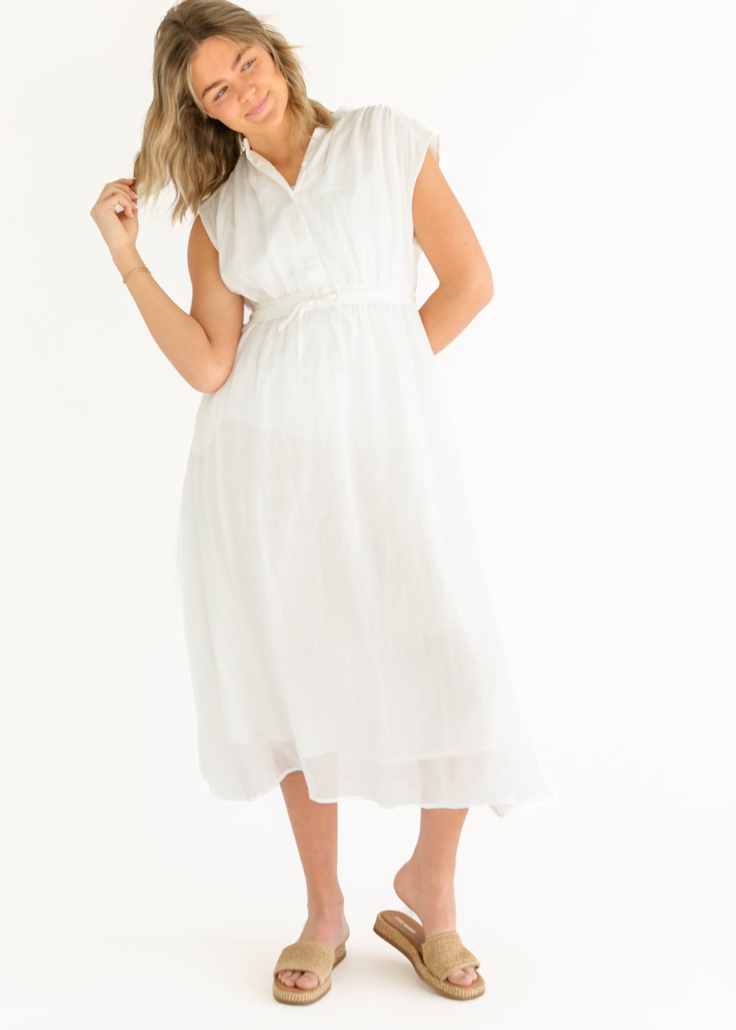 elan Cap Sleeve Button Front Tie Waist Maxi Dress - FINAL SALE