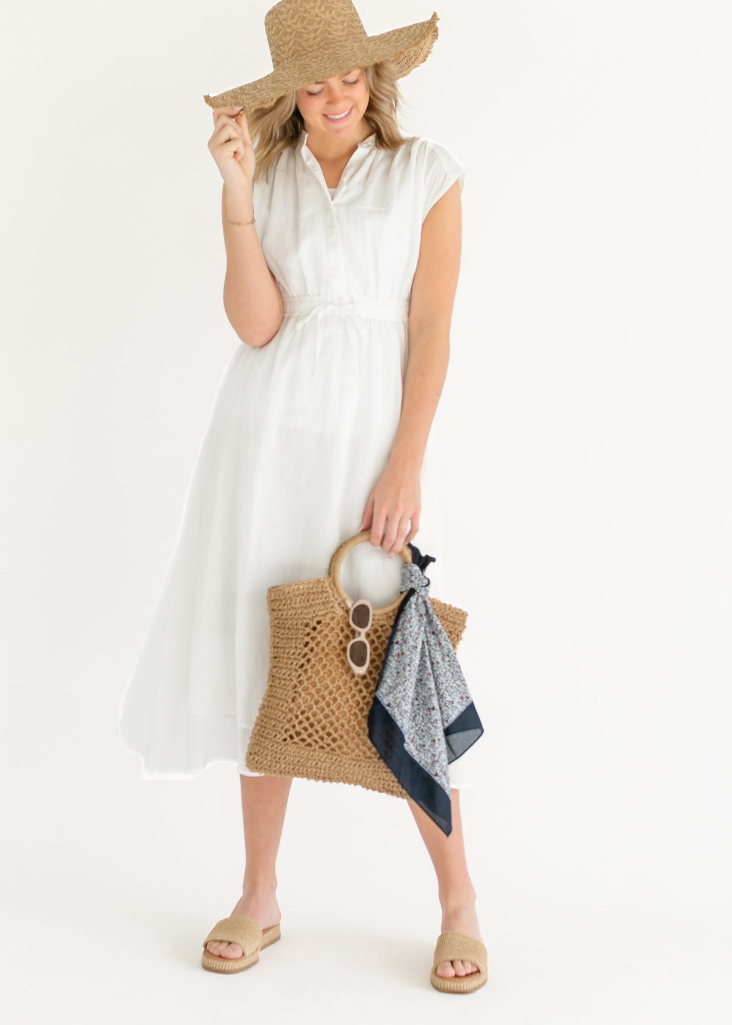 elan Cap Sleeve Button Front Tie Waist Maxi Dress - FINAL SALE