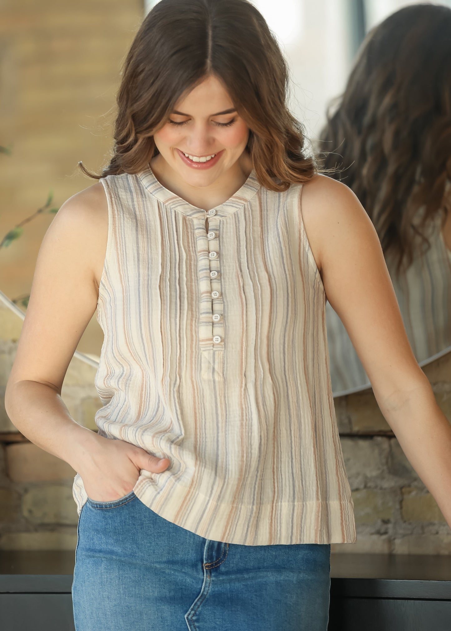 Sleeveless Half Button Woven Gauze Top