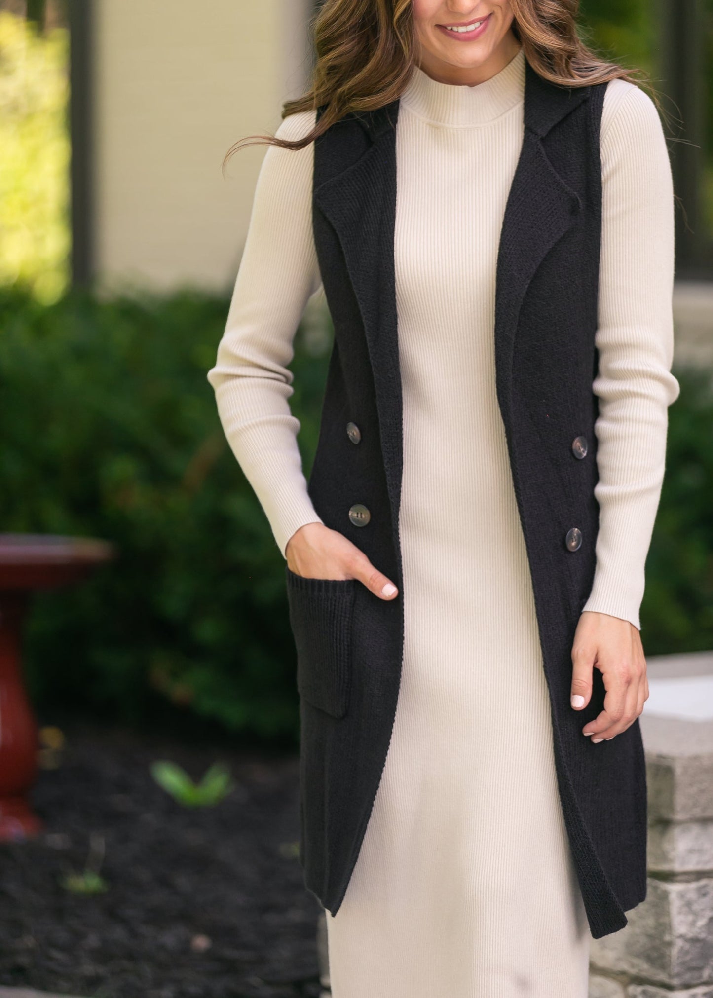 Sleeveless Notched Collar Long Sweater Vest