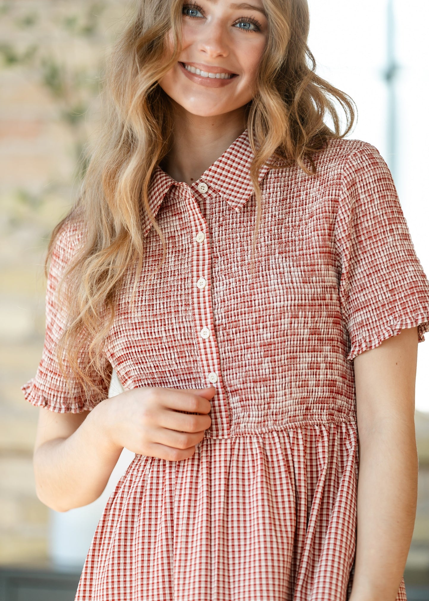 Smocked Button Top Gingham Midi Dress