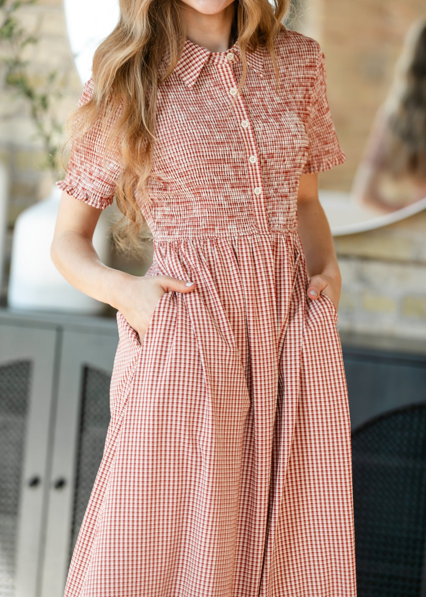 Smocked Button Top Gingham Midi Dress