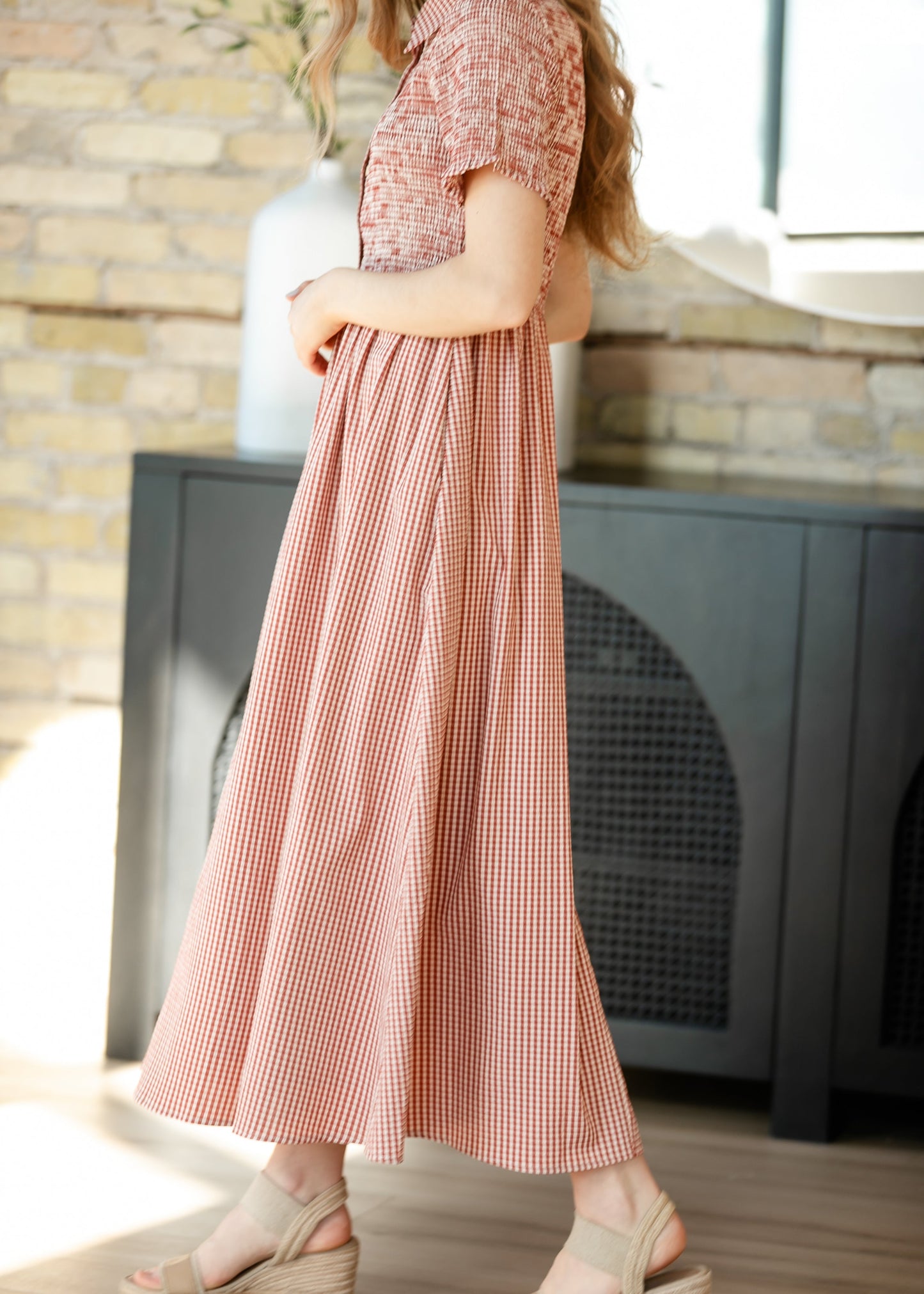 Smocked Button Top Gingham Midi Dress