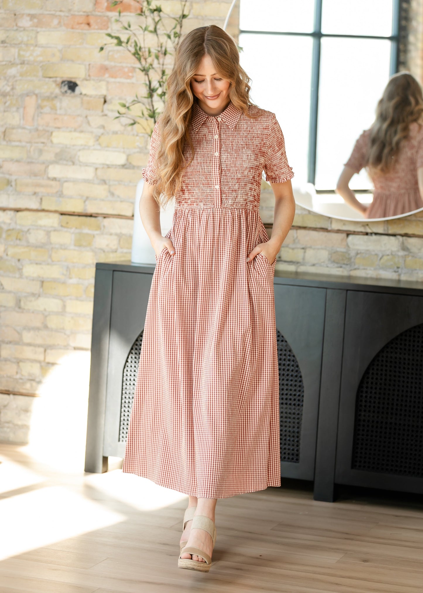 Smocked Button Top Gingham Midi Dress