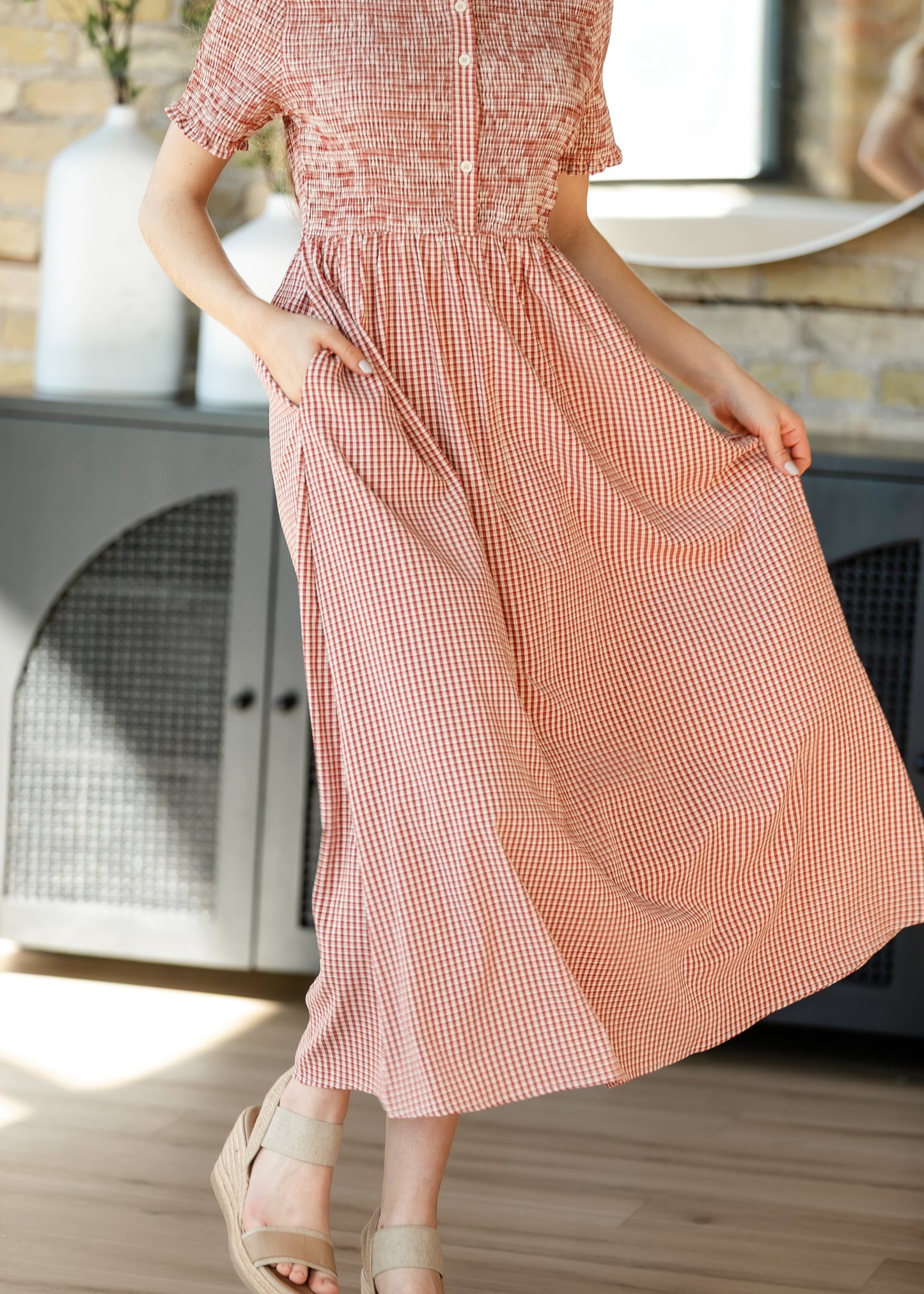 Smocked Button Top Gingham Midi Dress
