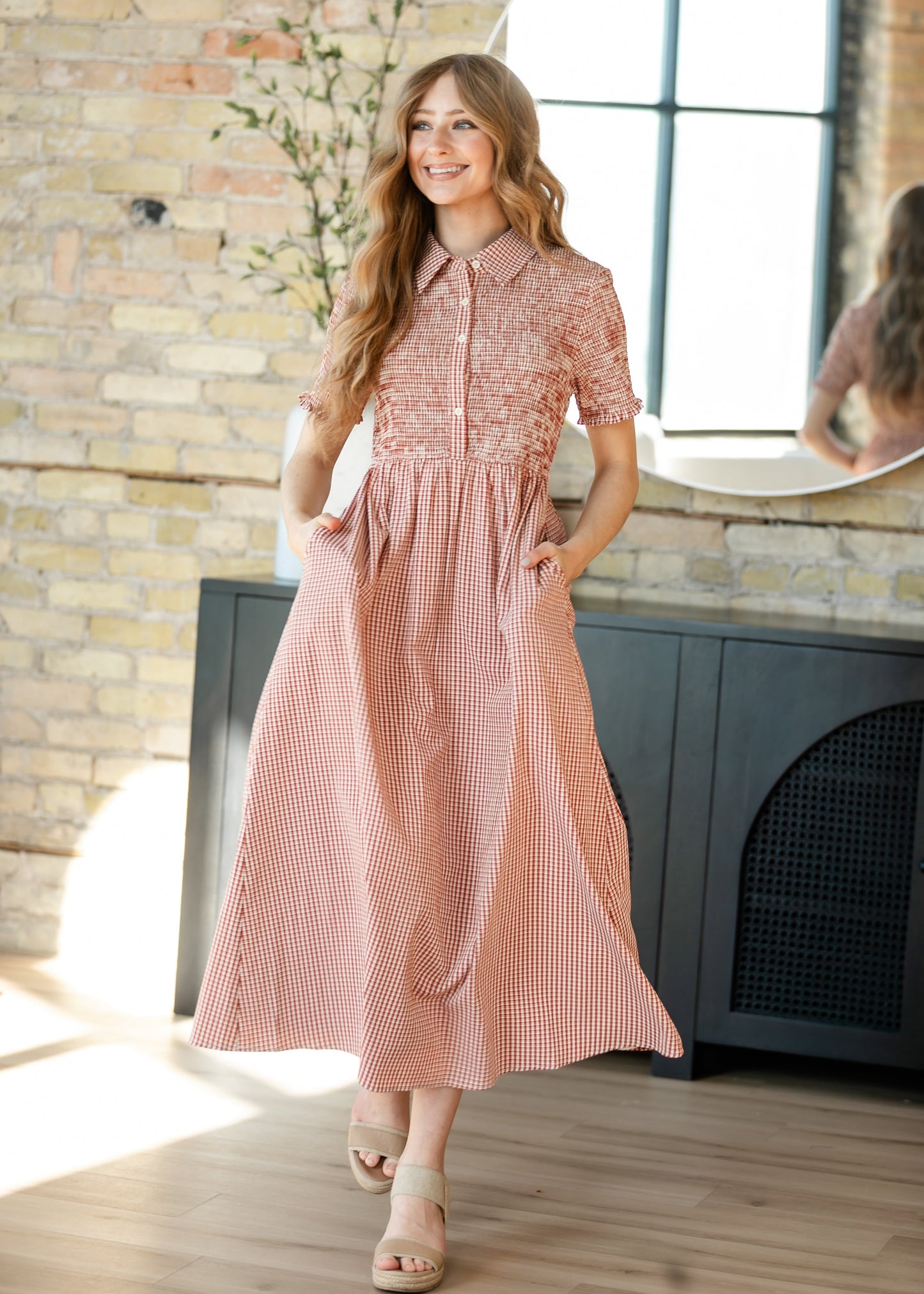Smocked Button Top Gingham Midi Dress