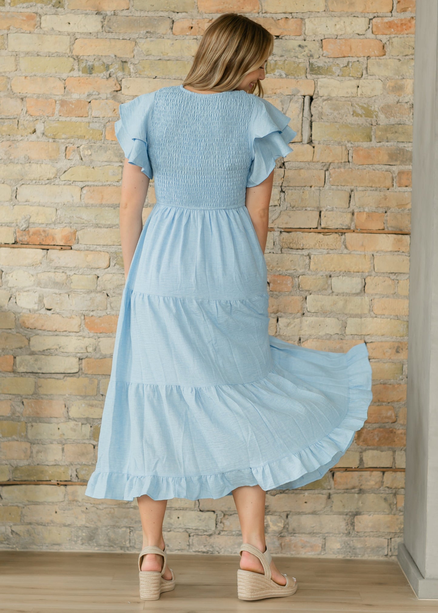 Smocked Tiered Flutter Sleeve Maxi Dress