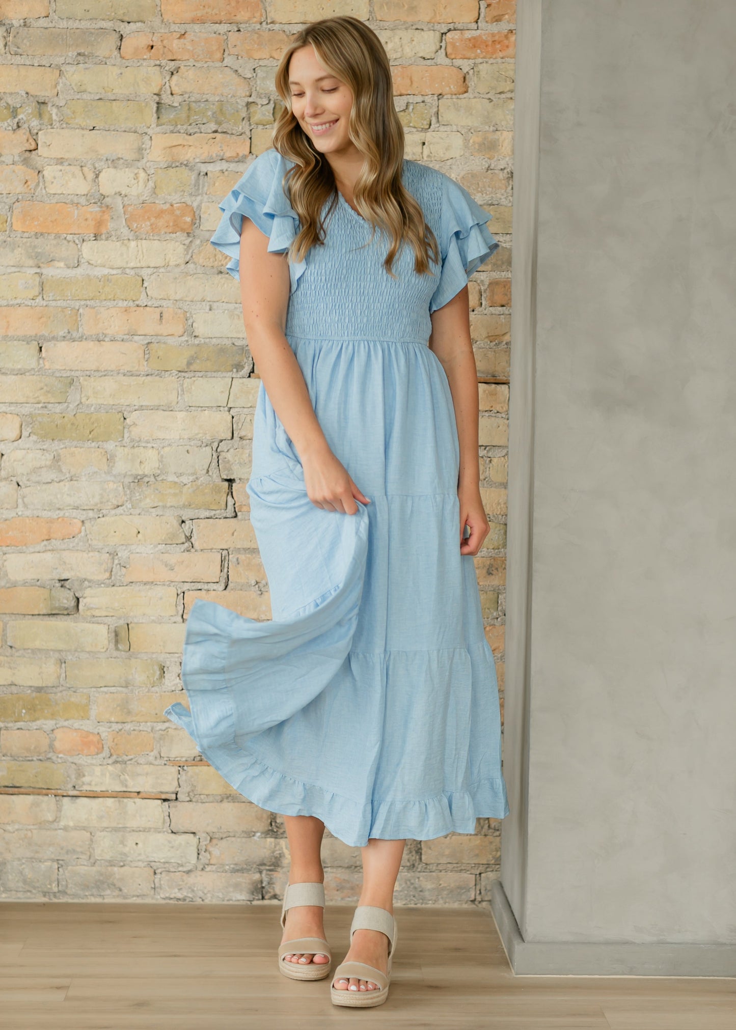 Smocked Tiered Flutter Sleeve Maxi Dress
