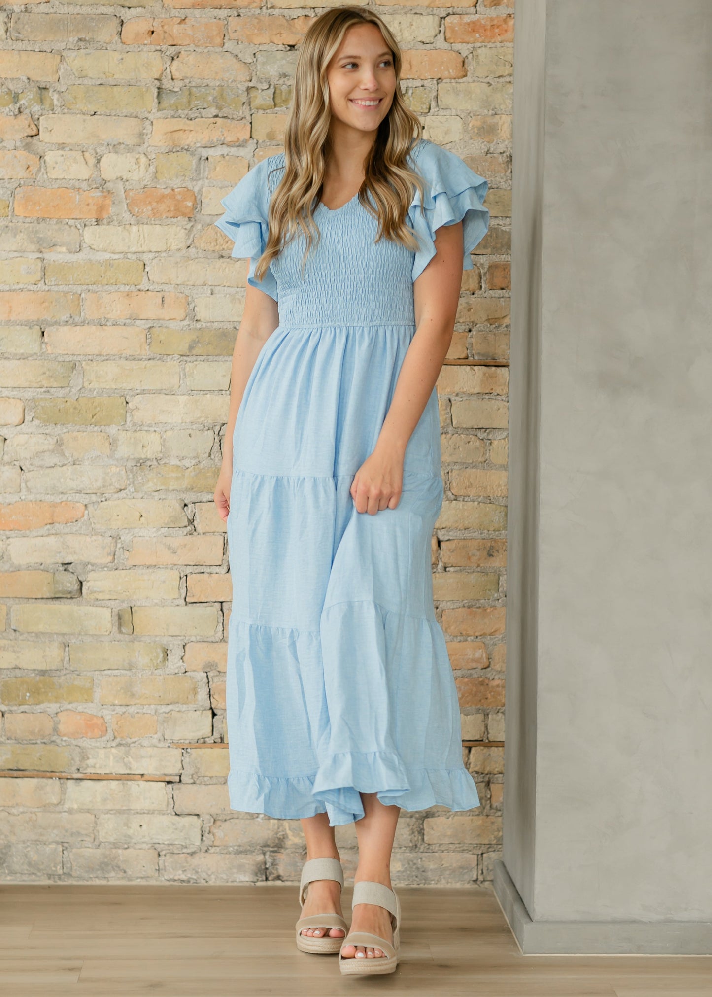 Smocked Tiered Flutter Sleeve Maxi Dress