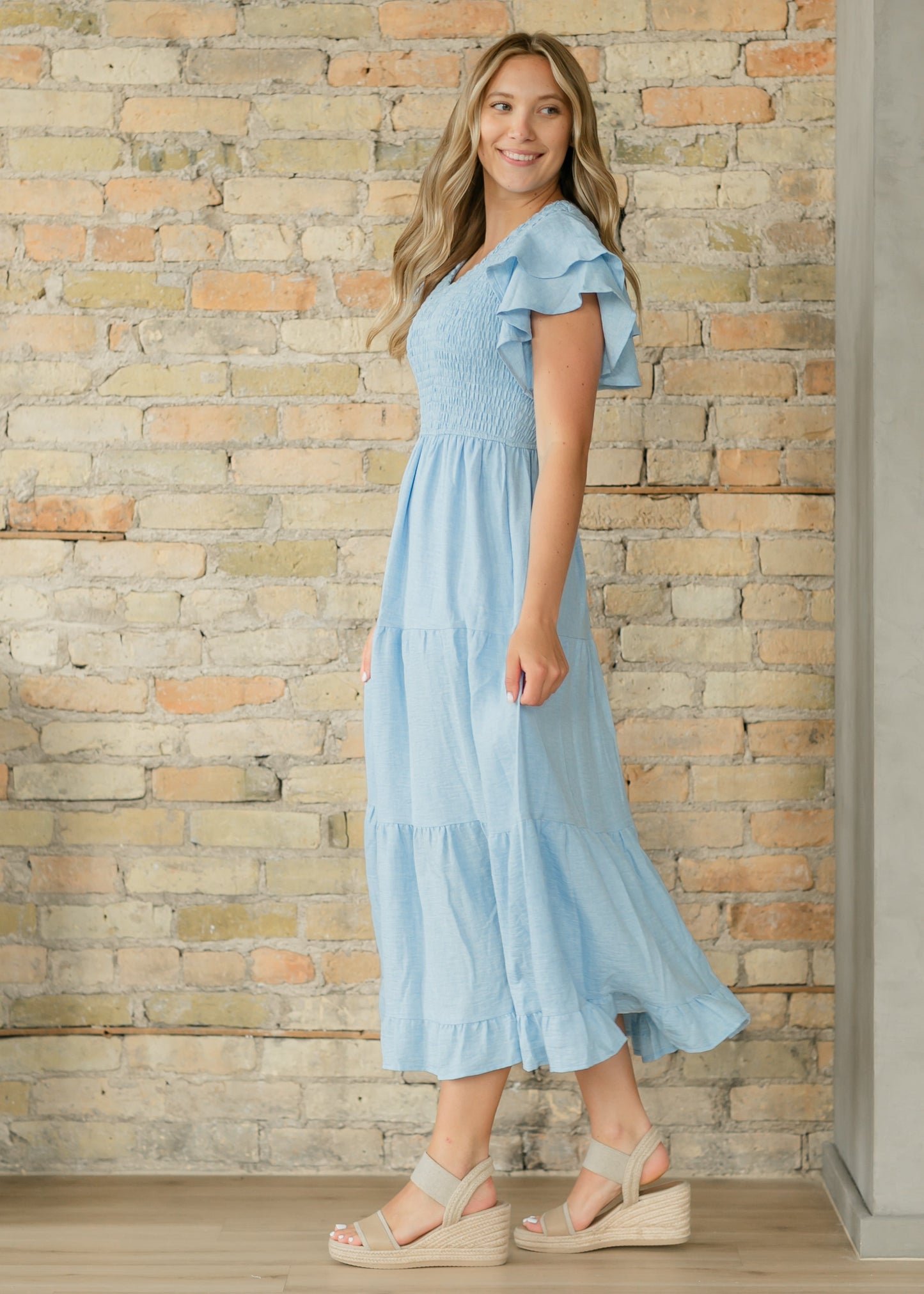 Smocked Tiered Flutter Sleeve Maxi Dress