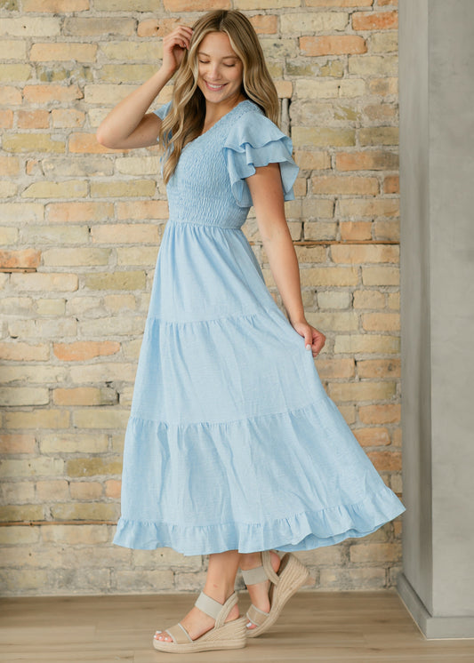 Smocked Tiered Flutter Sleeve Maxi Dress