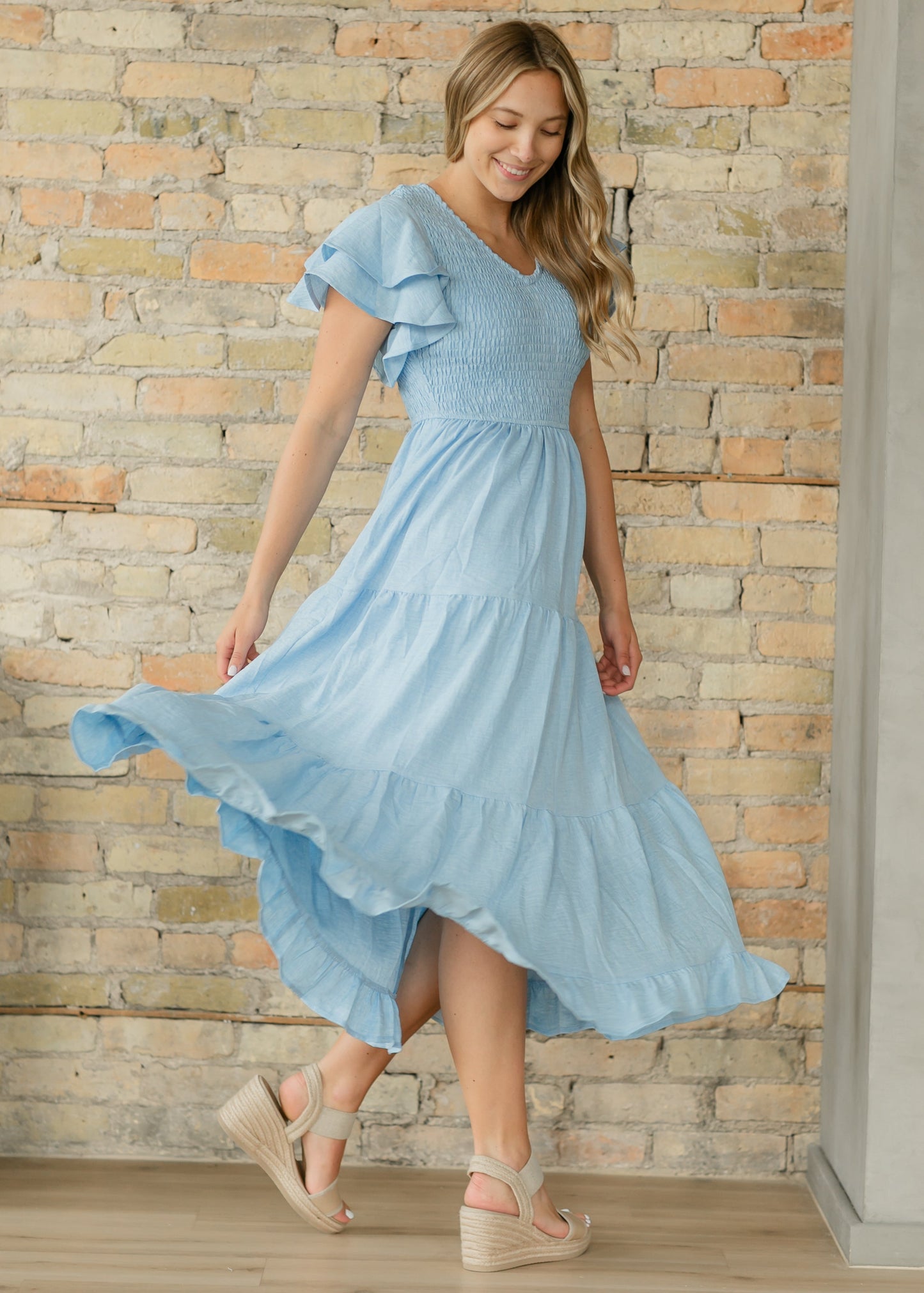 Smocked Tiered Flutter Sleeve Maxi Dress