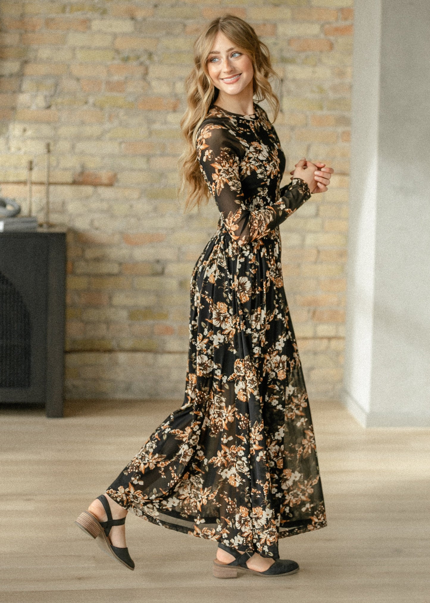 Smocked Waist Floral Mesh Maxi Dress