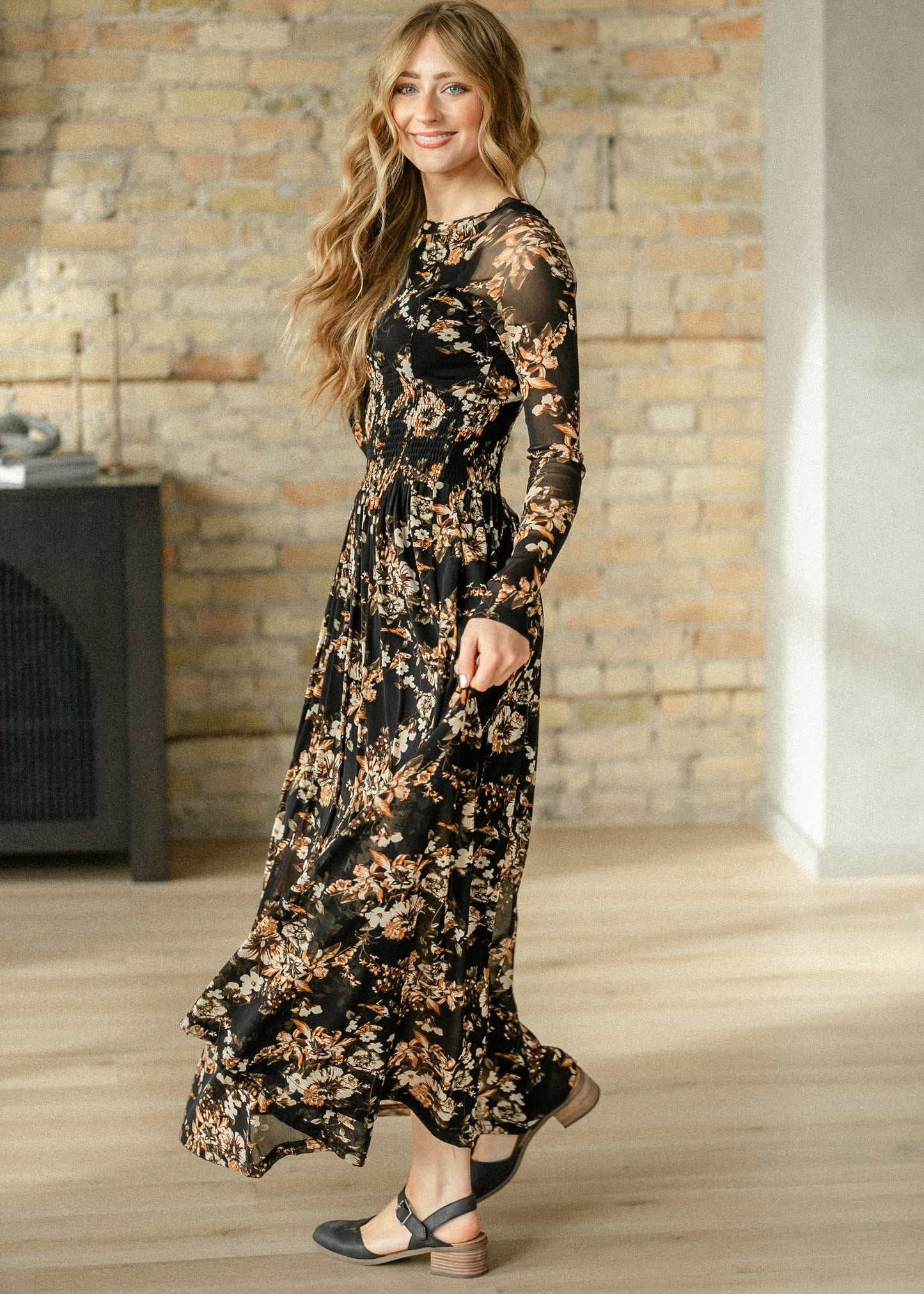 Smocked Waist Floral Mesh Maxi Dress