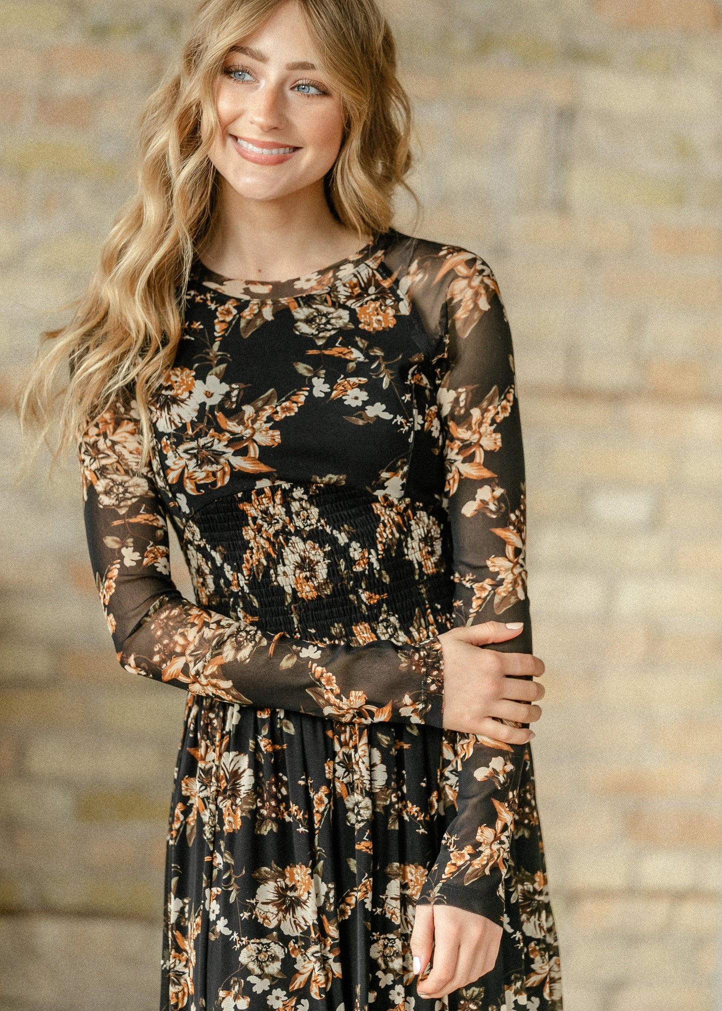 Smocked Waist Floral Mesh Maxi Dress