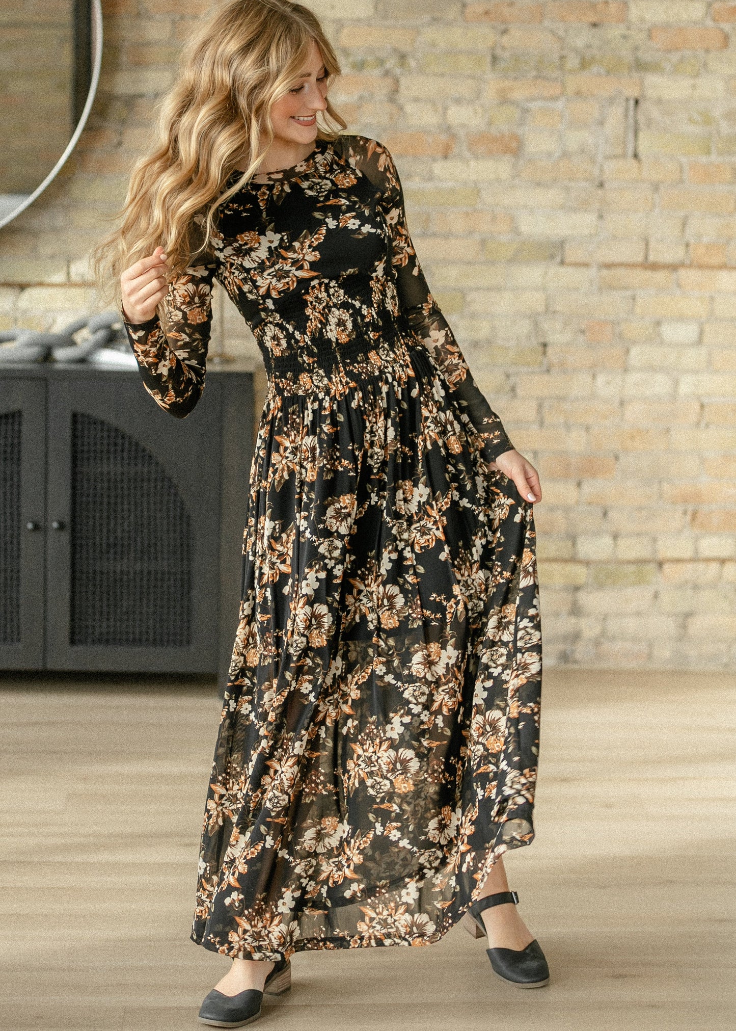 Smocked Waist Floral Mesh Maxi Dress