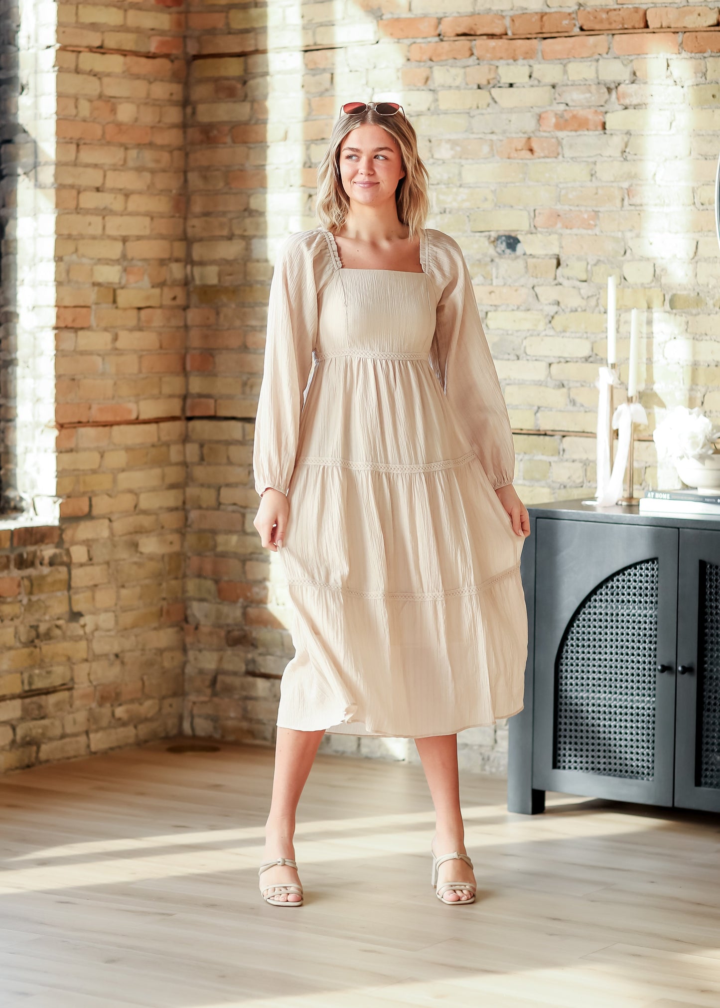 Square Neck Long Sleeve Embroidered Tiered Dress - FINAL SALE
