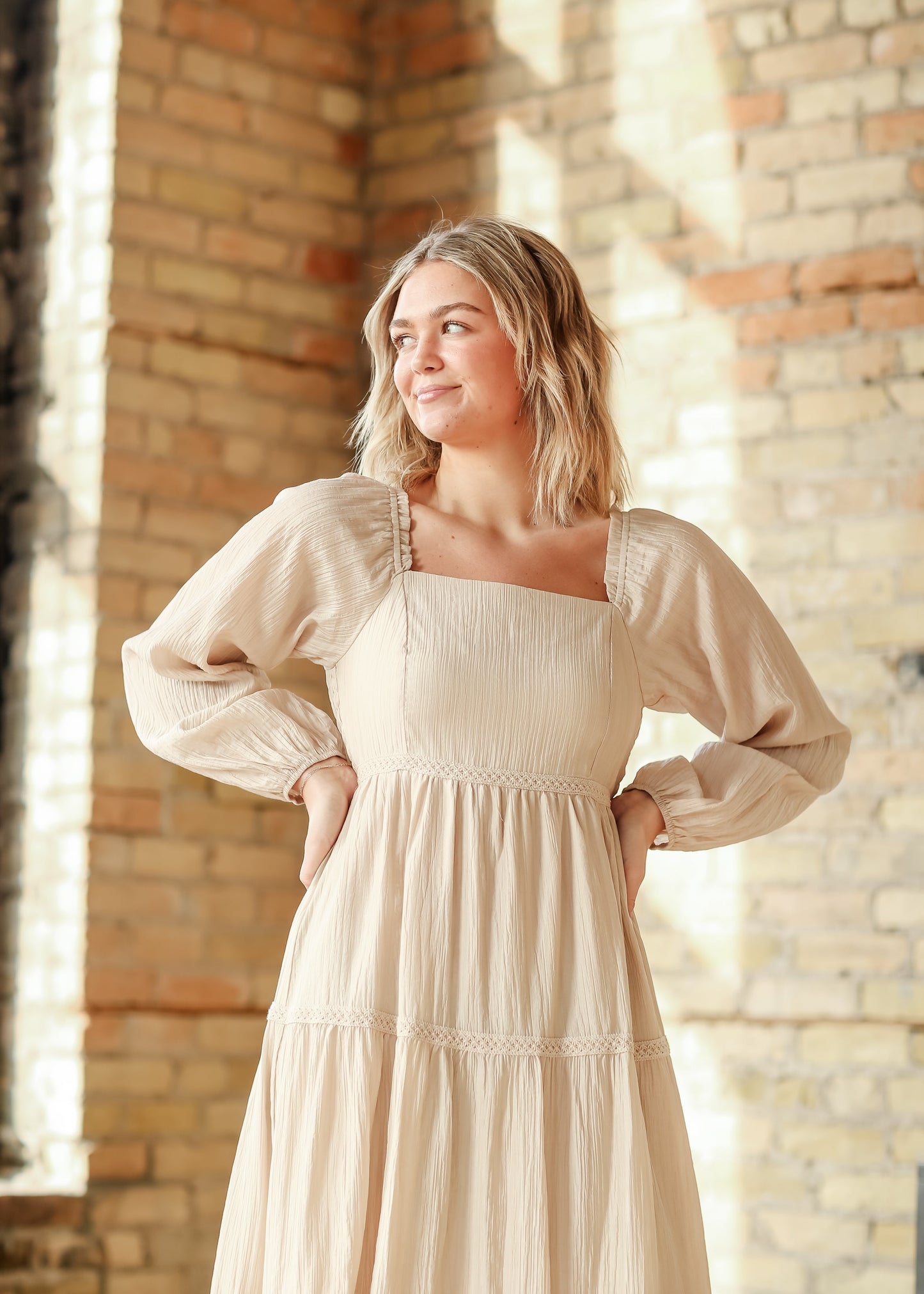 Square Neck Long Sleeve Embroidered Tiered Dress - FINAL SALE