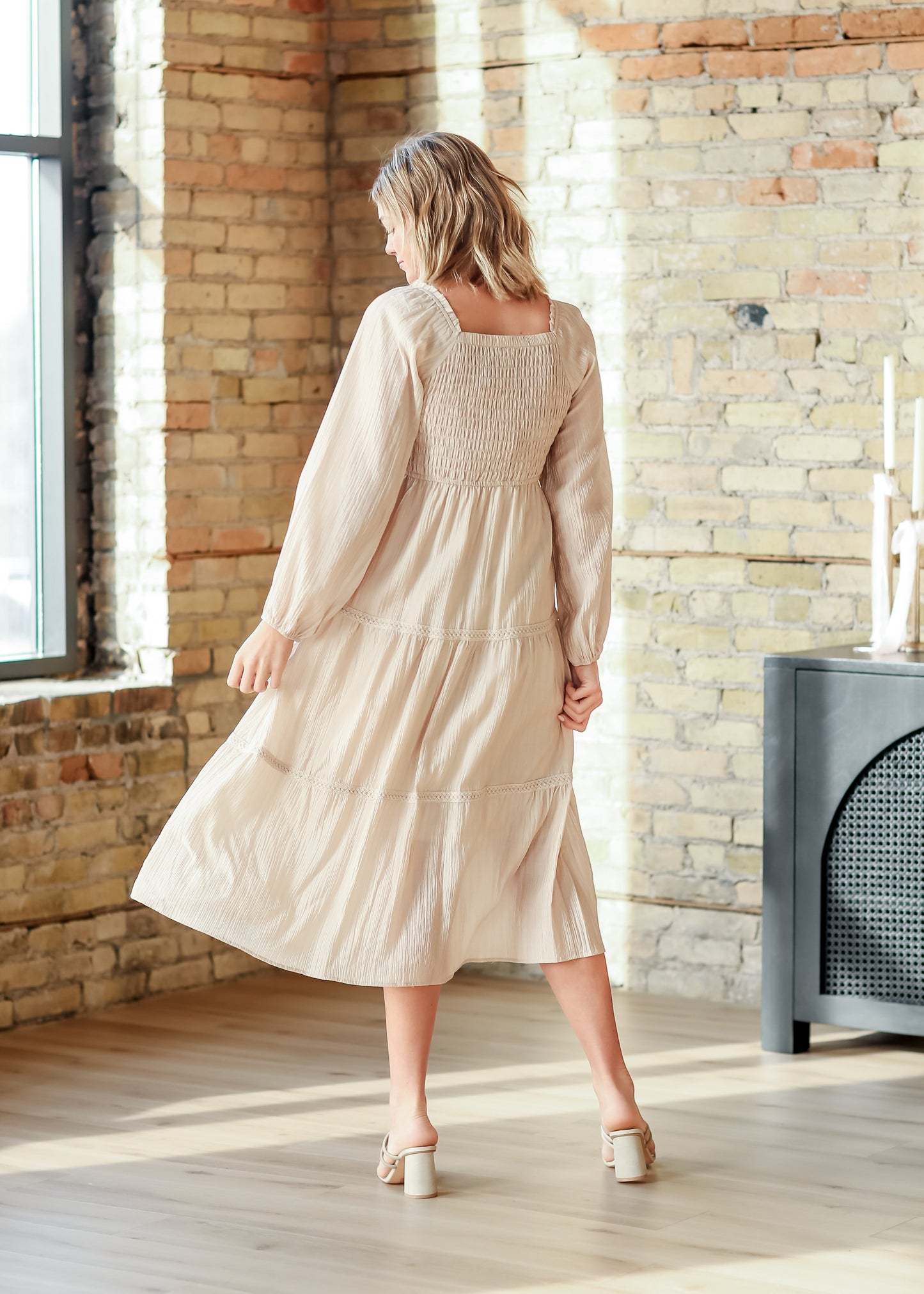 Square Neck Long Sleeve Embroidered Tiered Dress - FINAL SALE