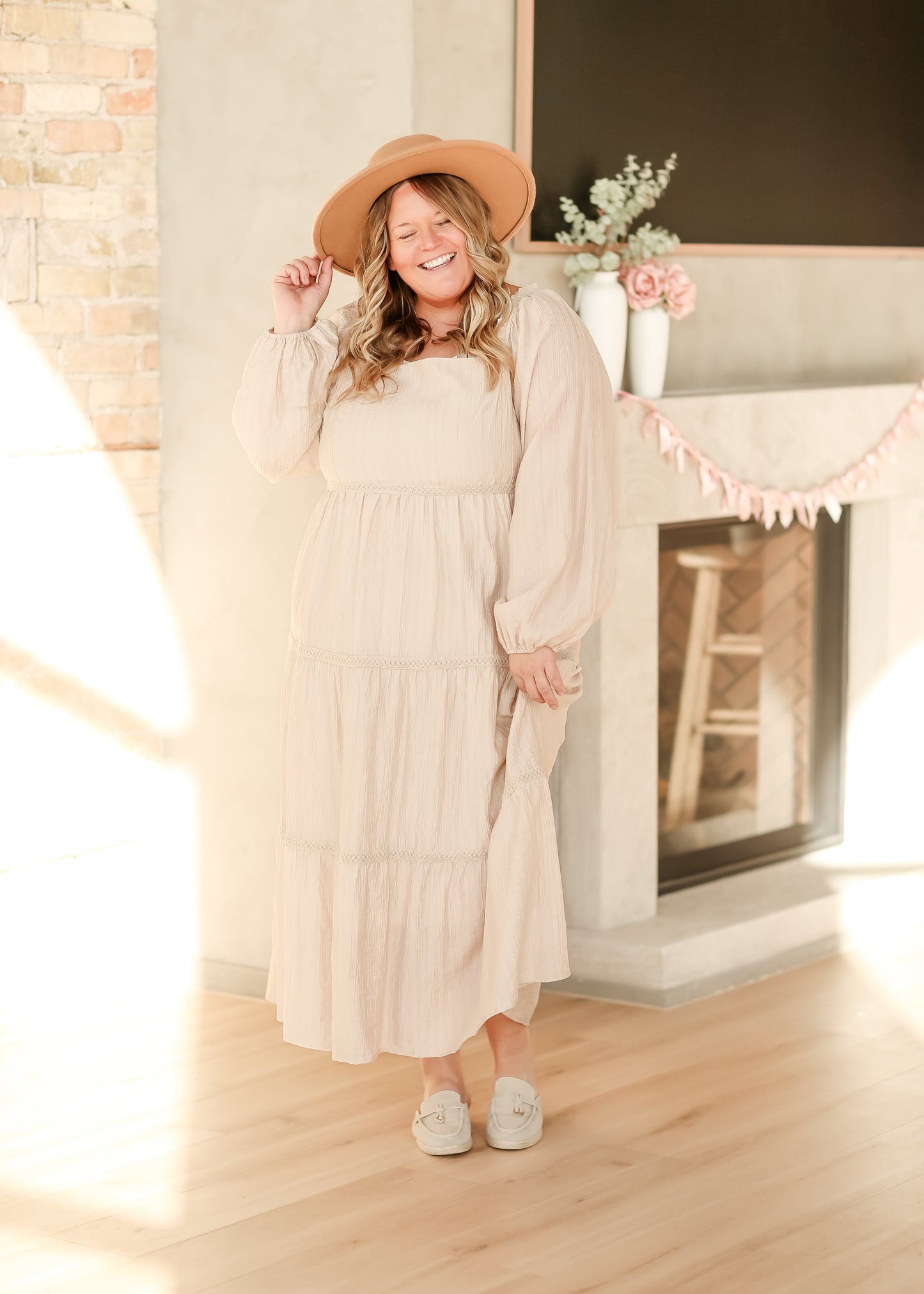 Square Neck Long Sleeve Embroidered Tiered Dress - FINAL SALE