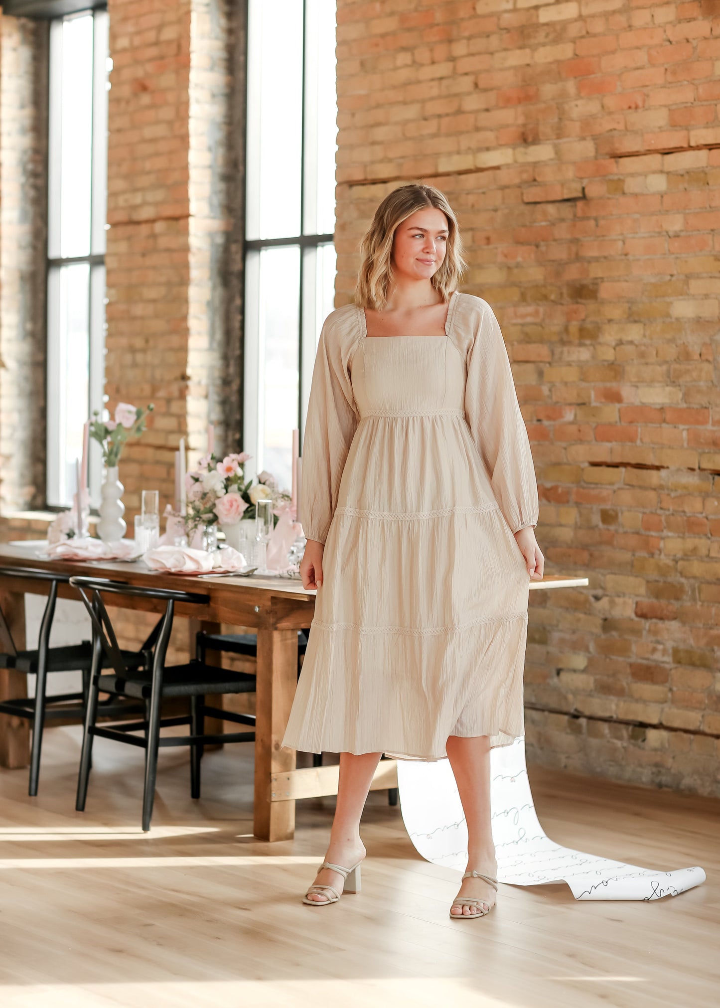 Square Neck Long Sleeve Embroidered Tiered Dress - FINAL SALE