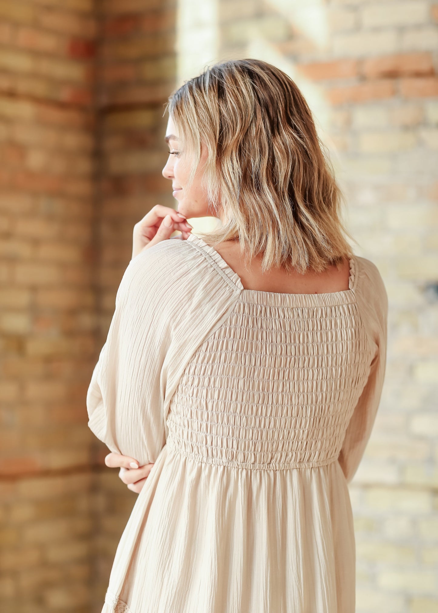 Square Neck Long Sleeve Embroidered Tiered Dress - FINAL SALE