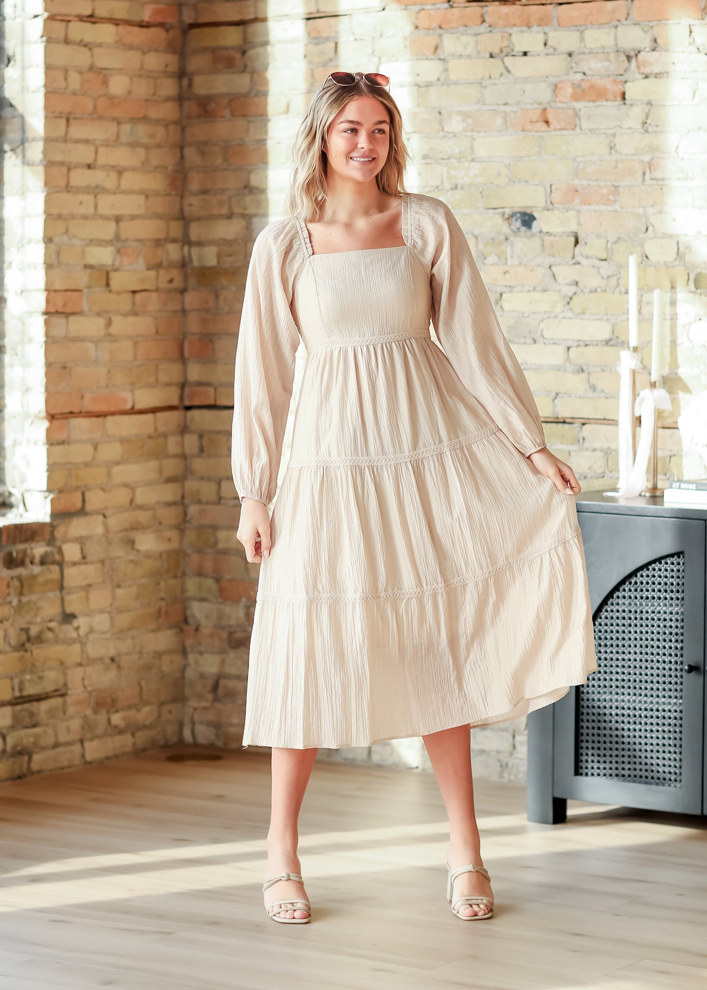 Square Neck Long Sleeve Embroidered Tiered Dress - FINAL SALE