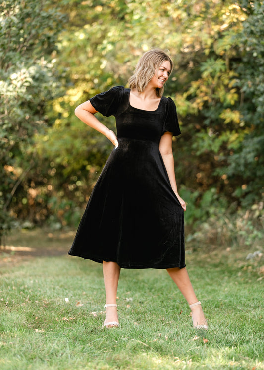Square Neck Velvet A-line Midi Dress - FINAL SALE