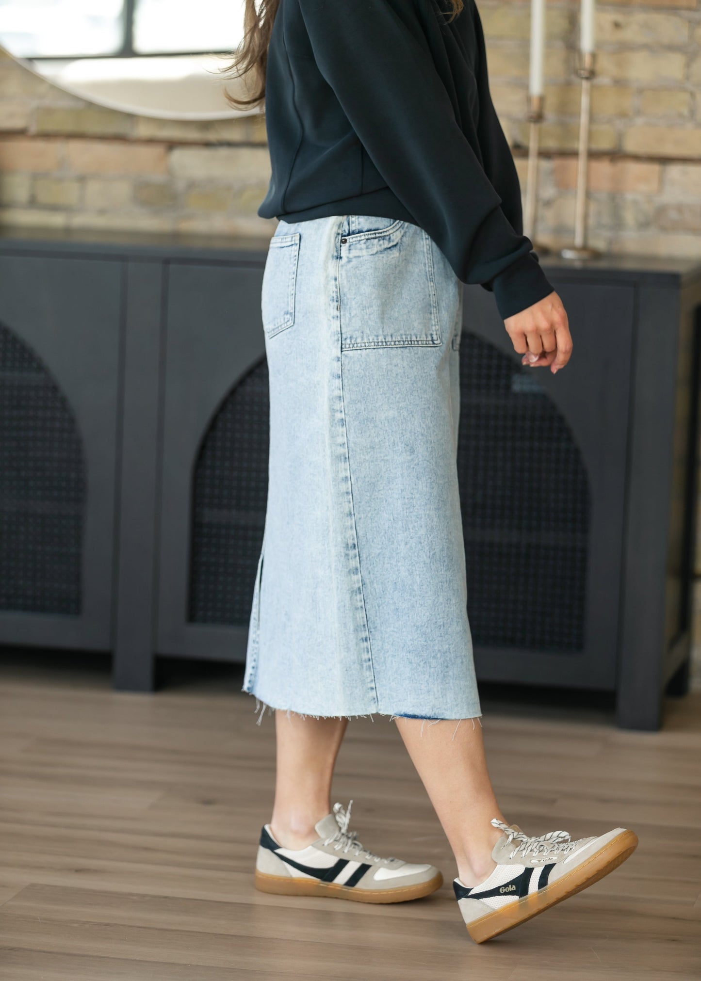 Square Pocket Denim Midi Skirt