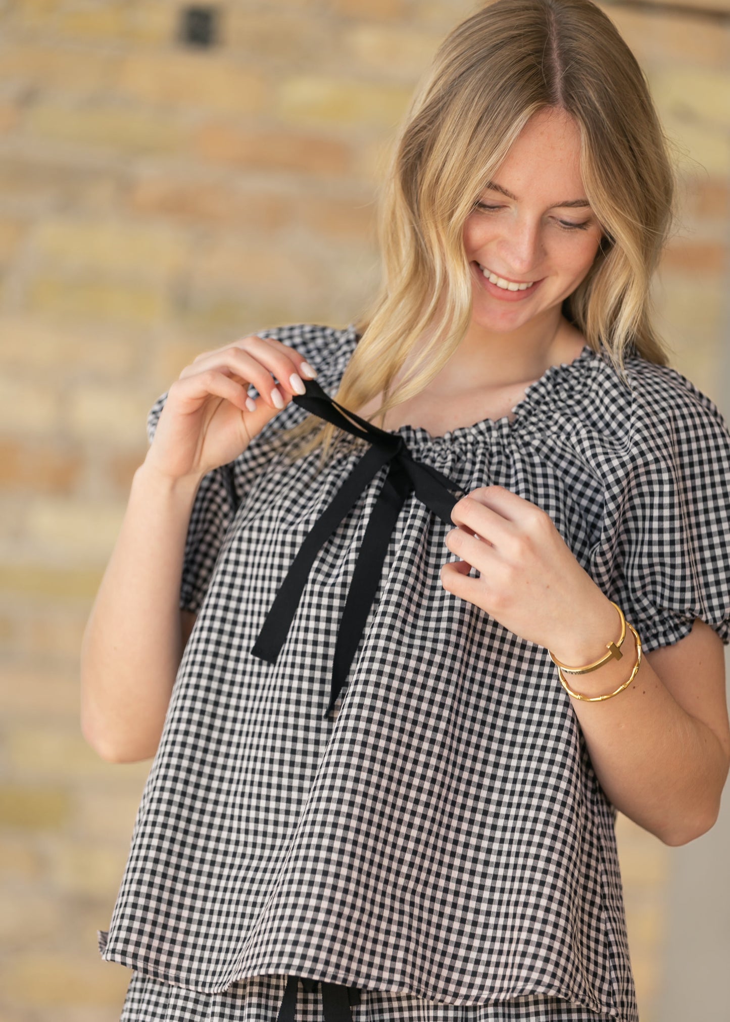 Square Ruffle Collar Gingham Top