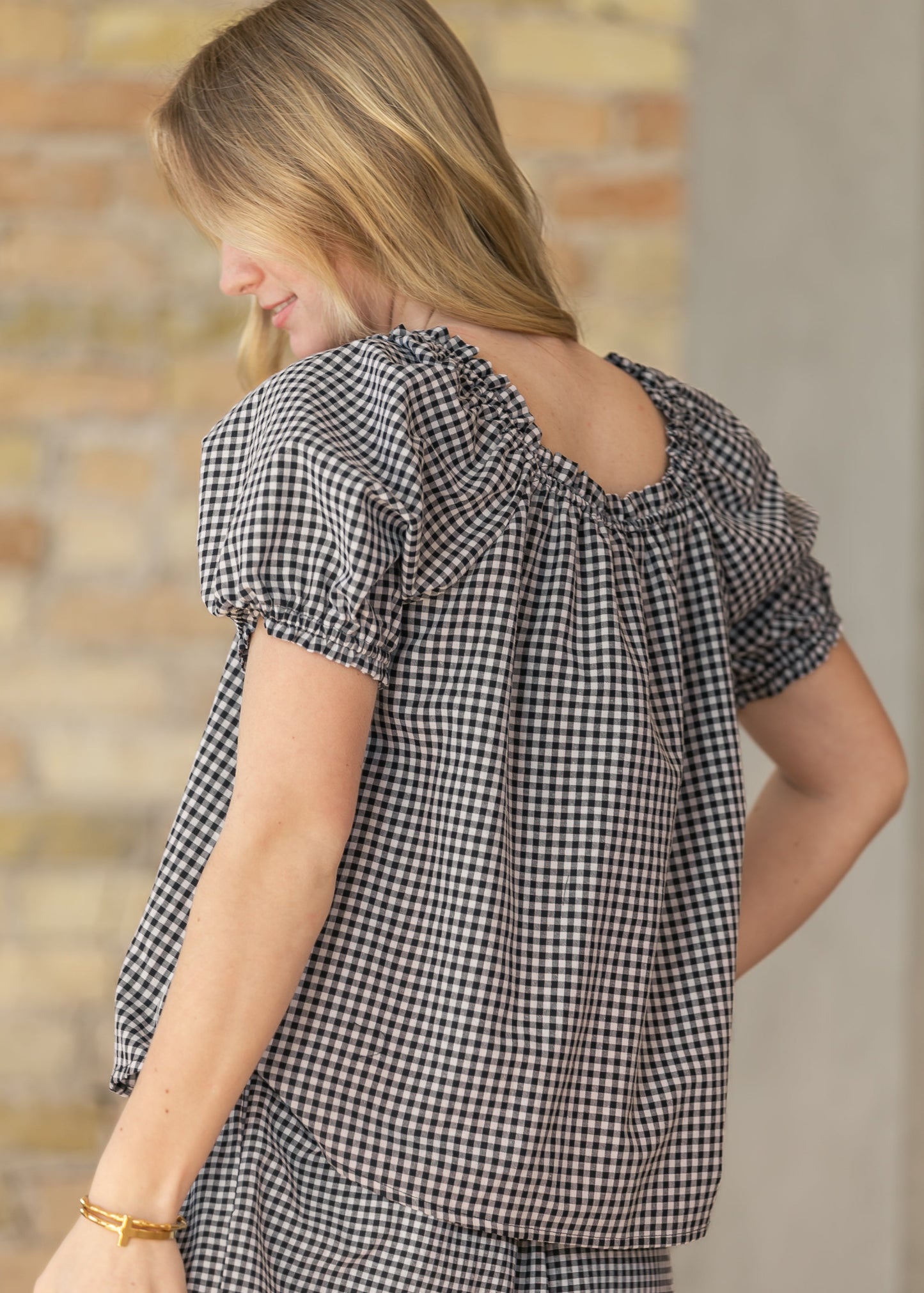 Square Ruffle Collar Gingham Top