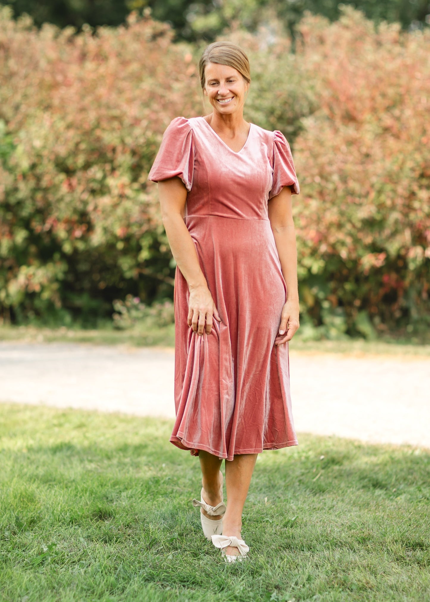 Stretch Velvet Puff Sleeve Midi Dress - FINAL SALE