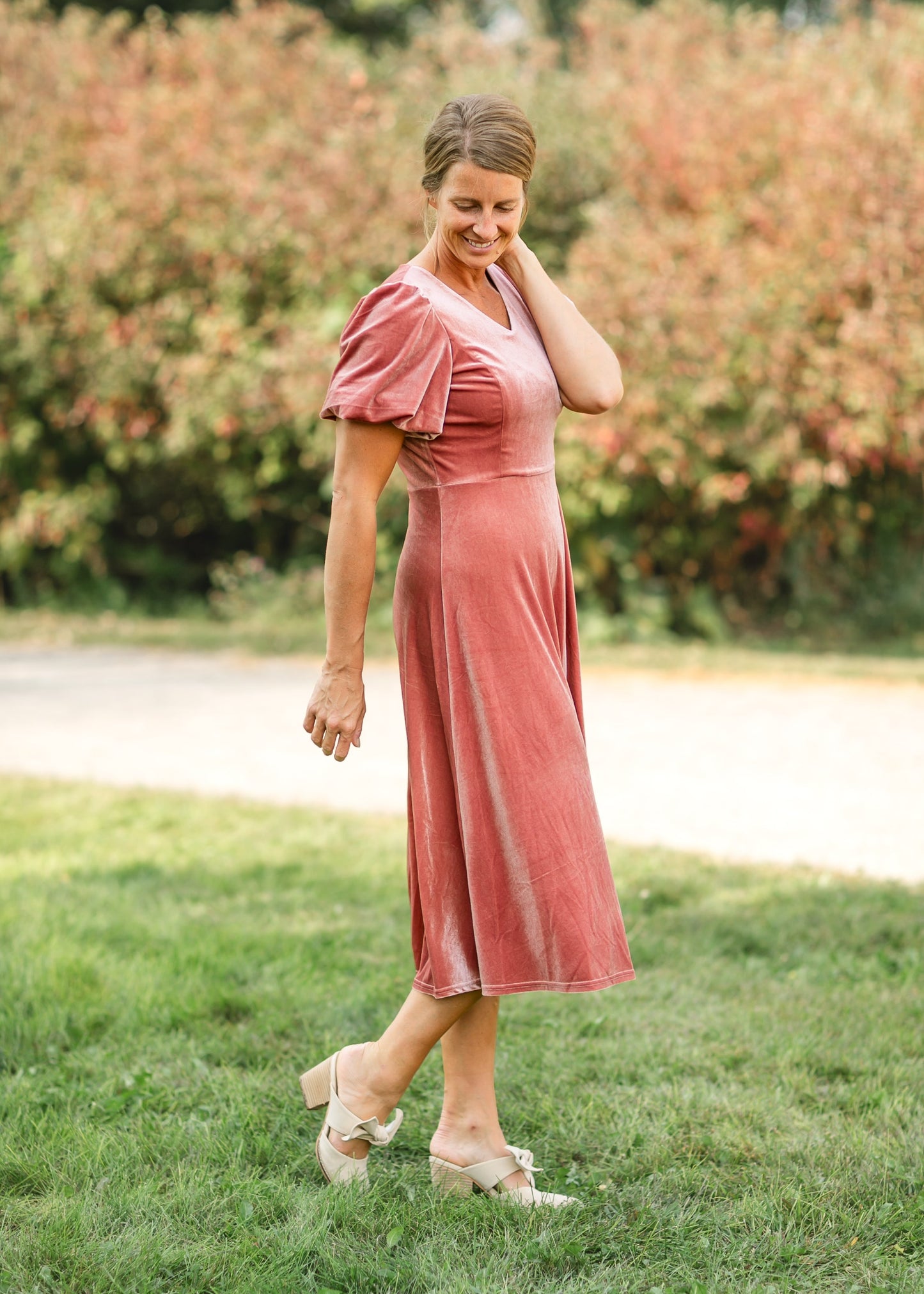 Stretch Velvet Puff Sleeve Midi Dress - FINAL SALE