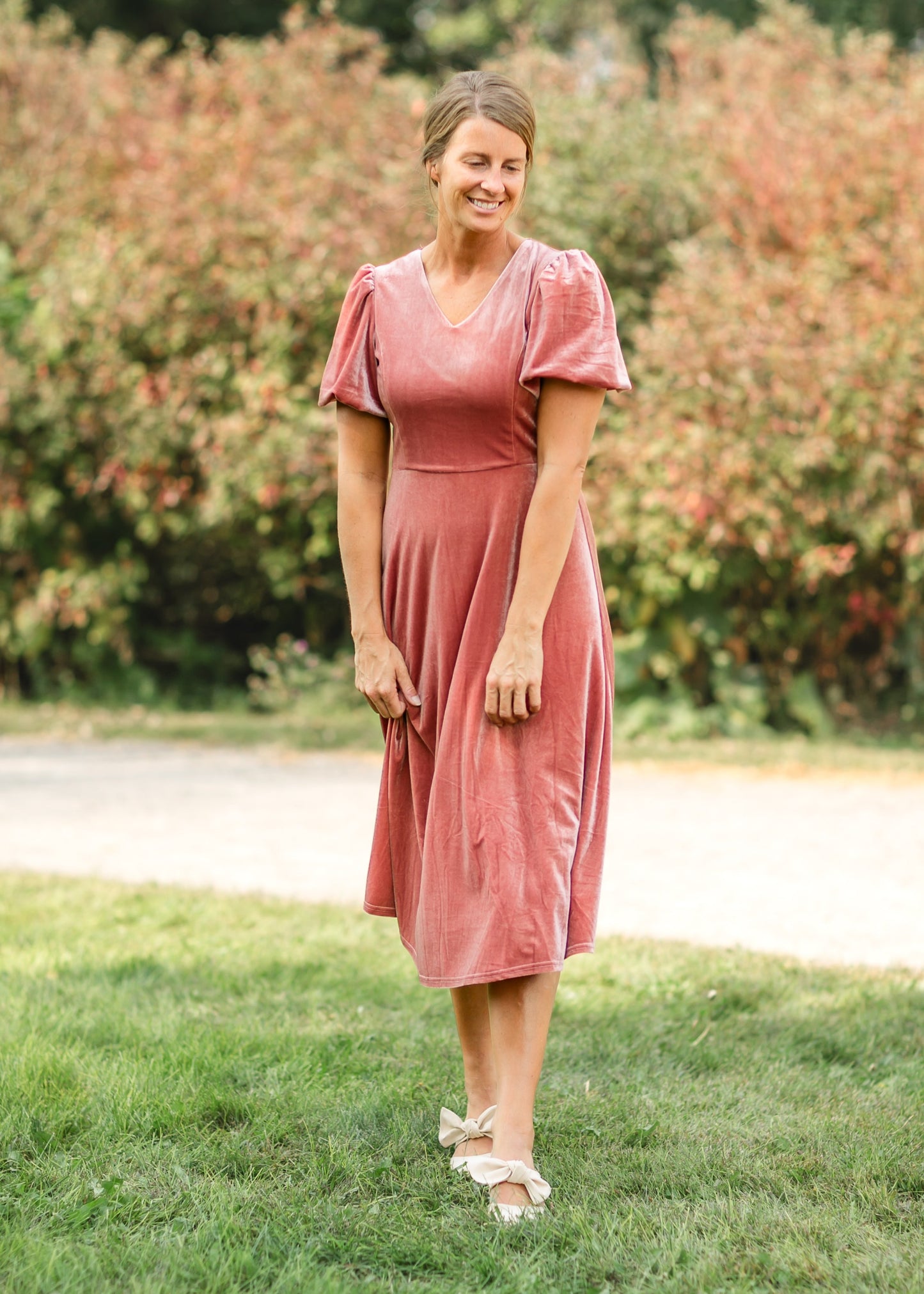 Stretch Velvet Puff Sleeve Midi Dress - FINAL SALE
