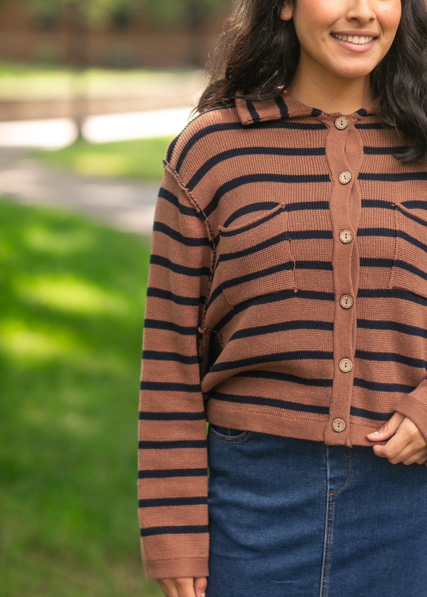 Stripe Collared Raw Seam Cardigan - FINAL SALE