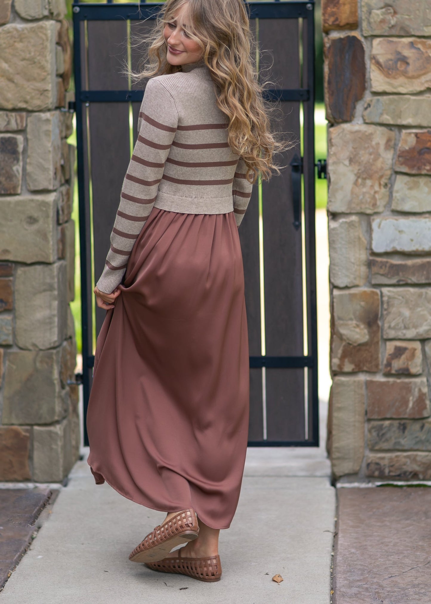 Stripe Knit Top Satin Dress