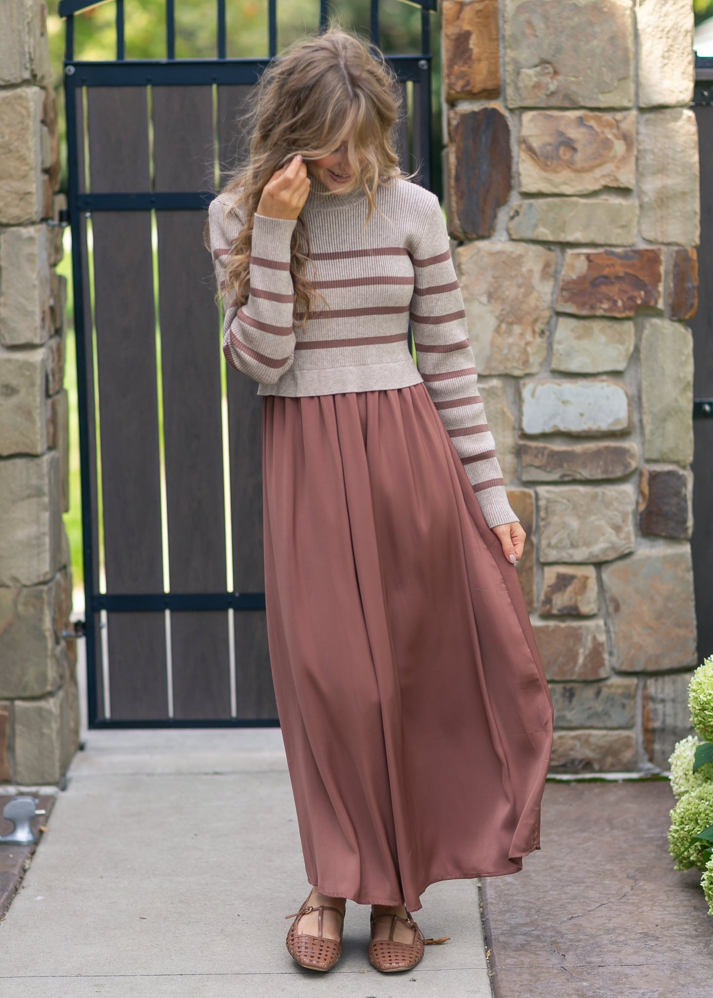 Stripe Knit Top Satin Dress