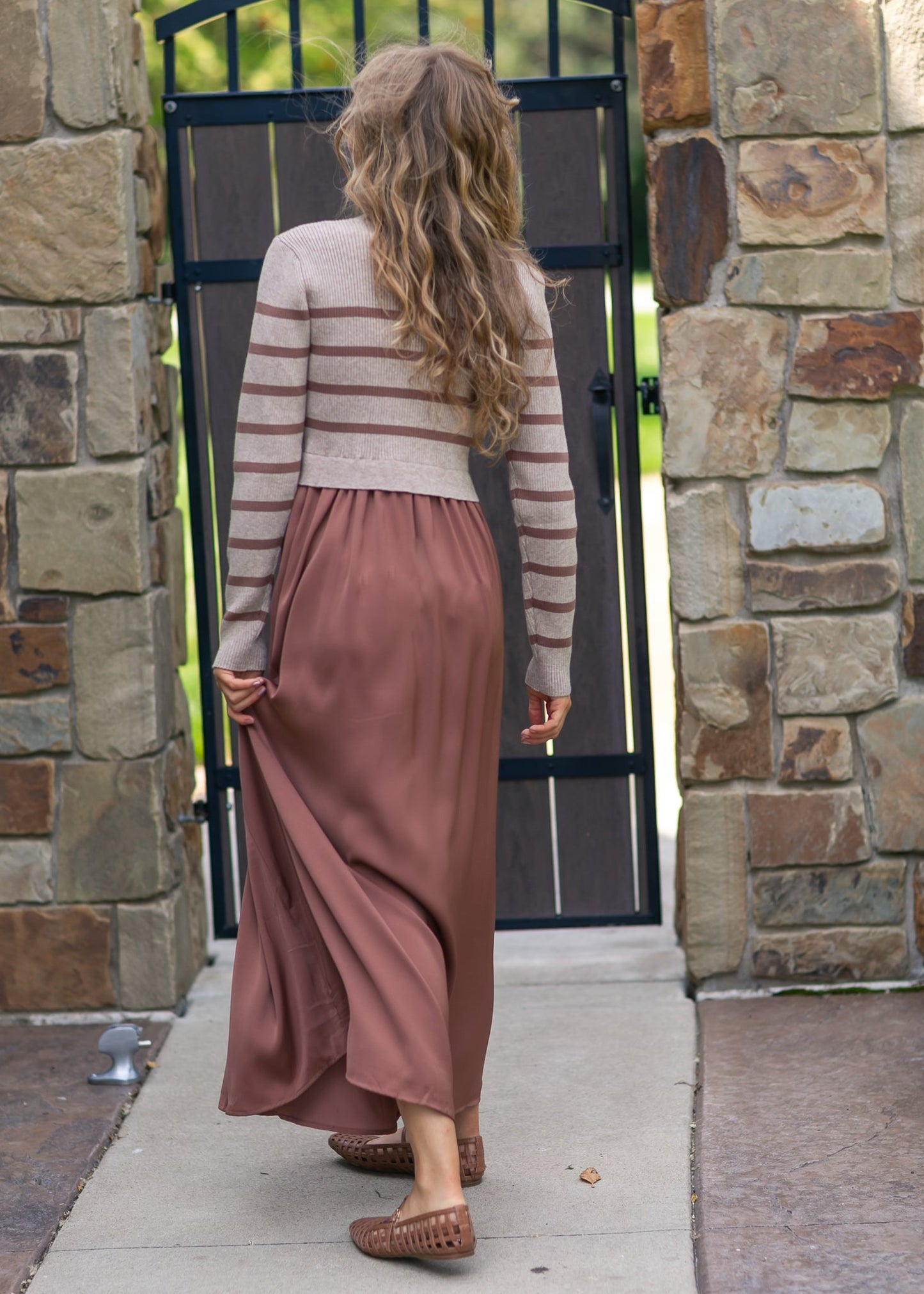 Stripe Knit Top Satin Dress