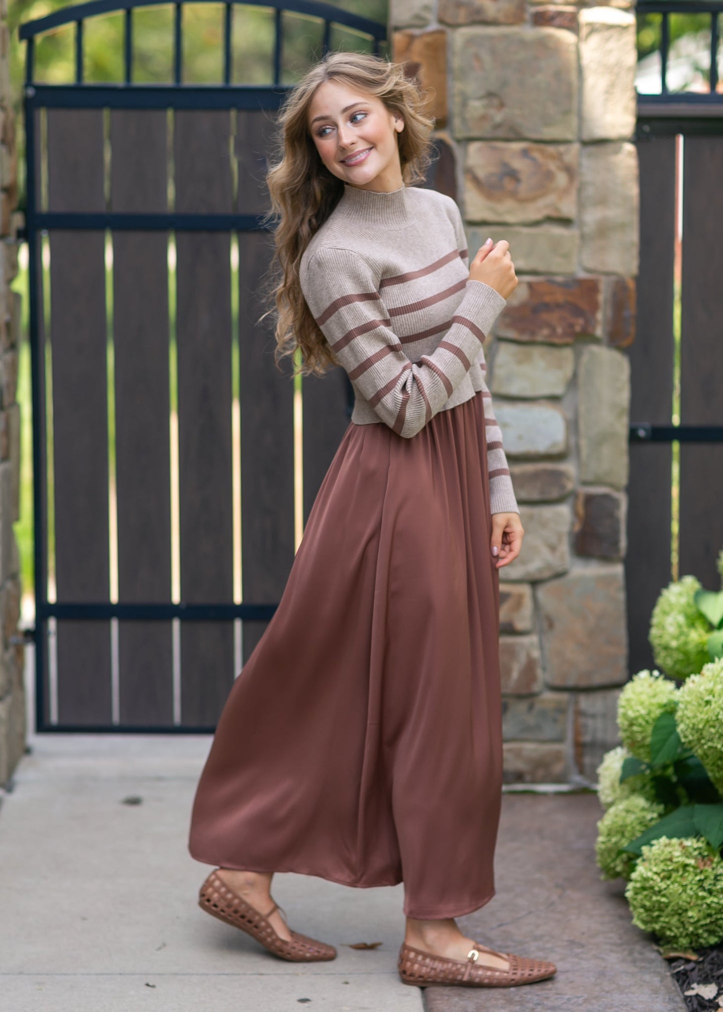 Stripe Knit Top Satin Dress