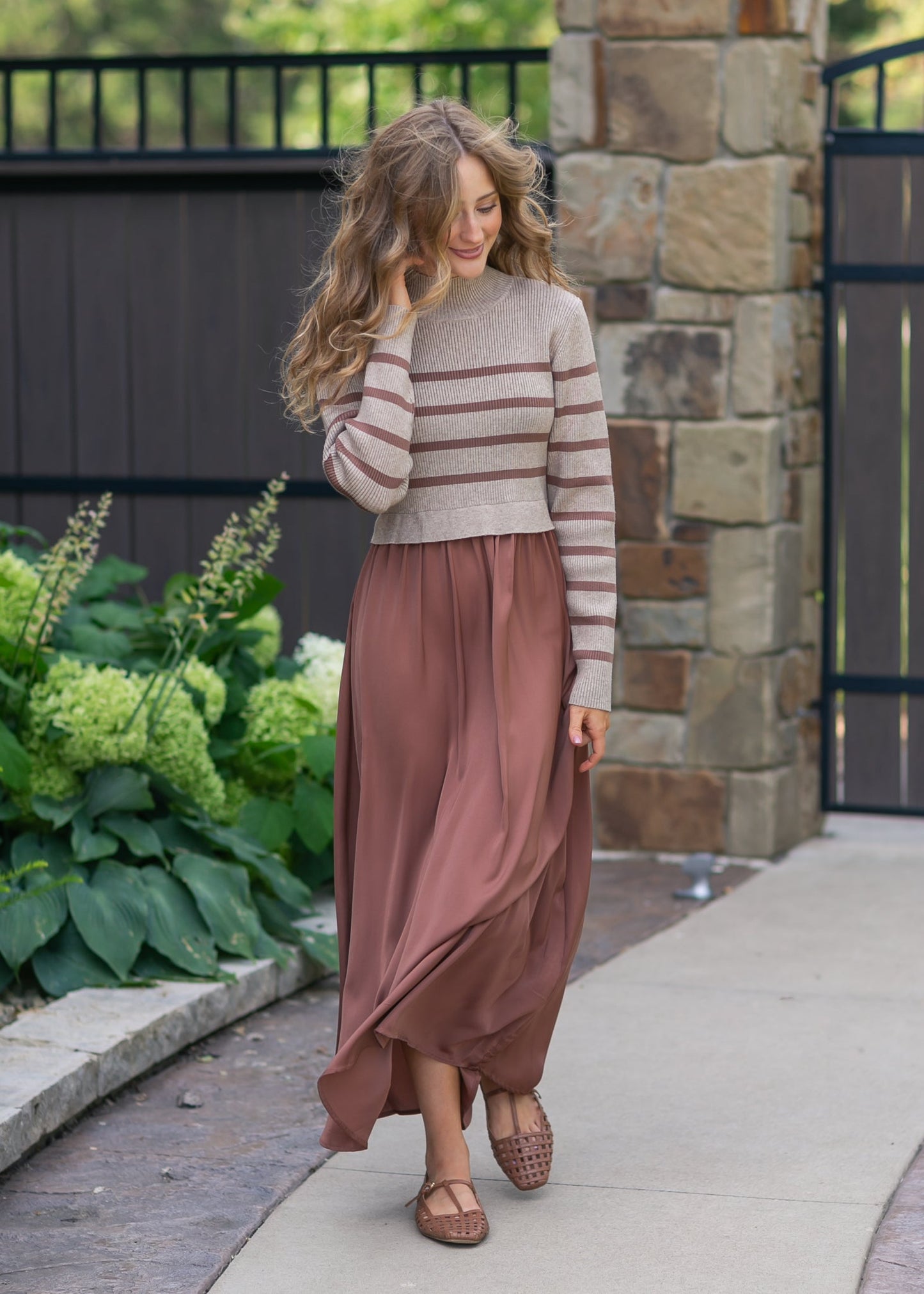 Stripe Knit Top Satin Dress