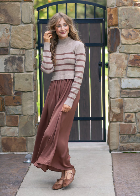 Stripe Knit Top Satin Dress