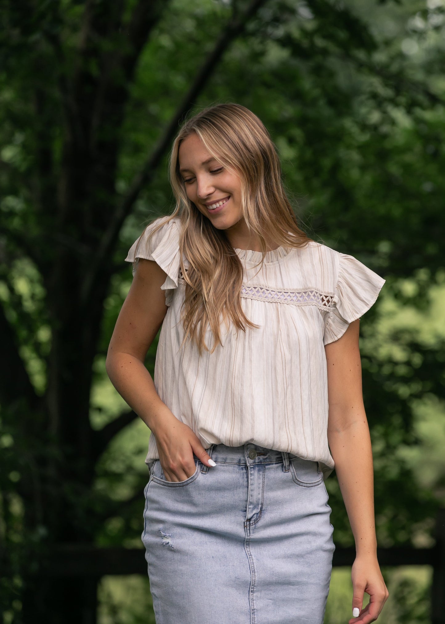 Stripe Lace Trim Ruffle Sleeve Top - FINAL SALE