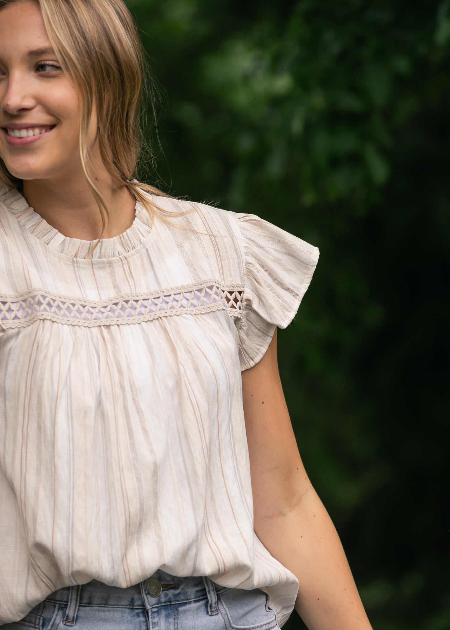 Stripe Lace Trim Ruffle Sleeve Top - FINAL SALE