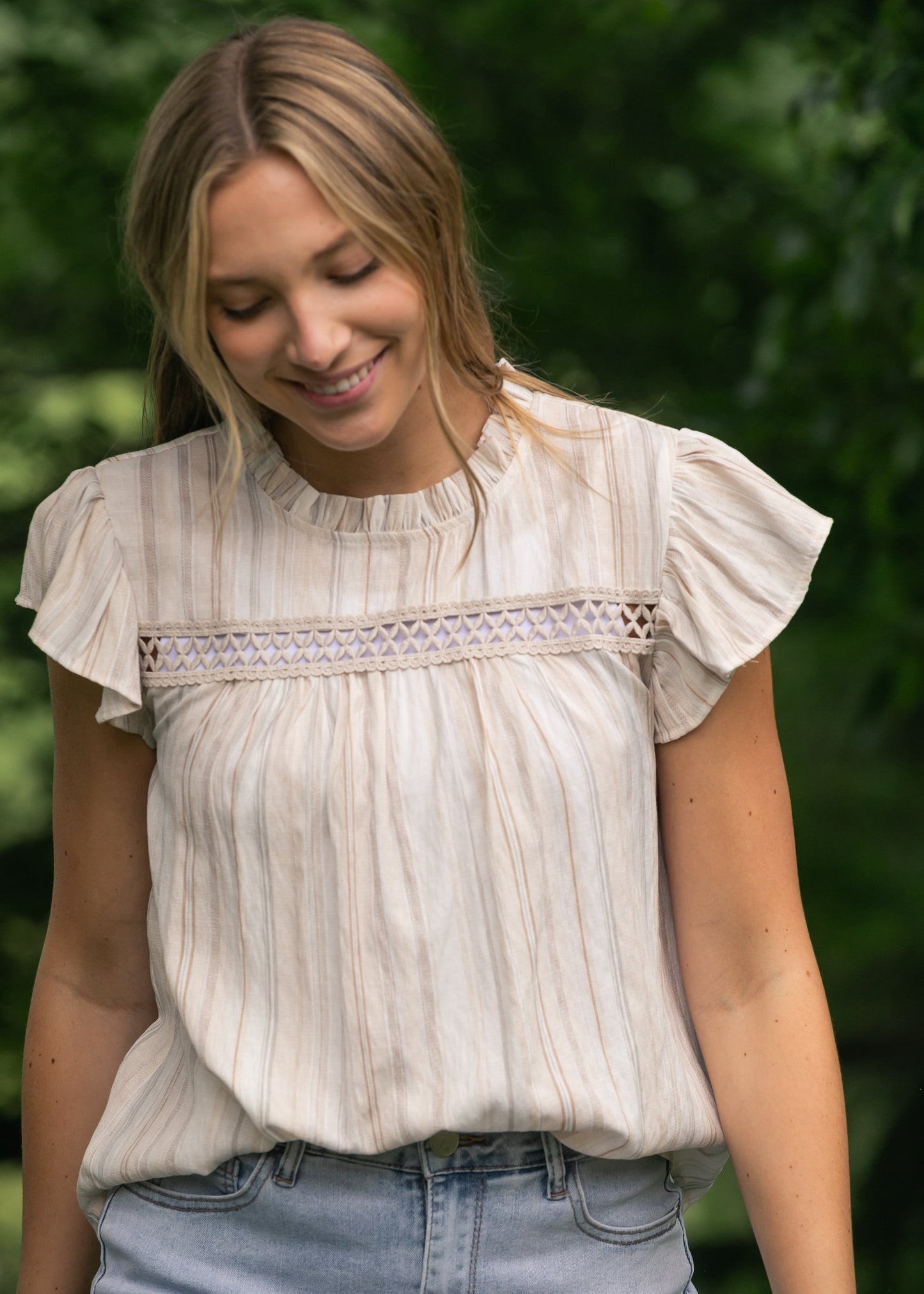 Stripe Lace Trim Ruffle Sleeve Top - FINAL SALE