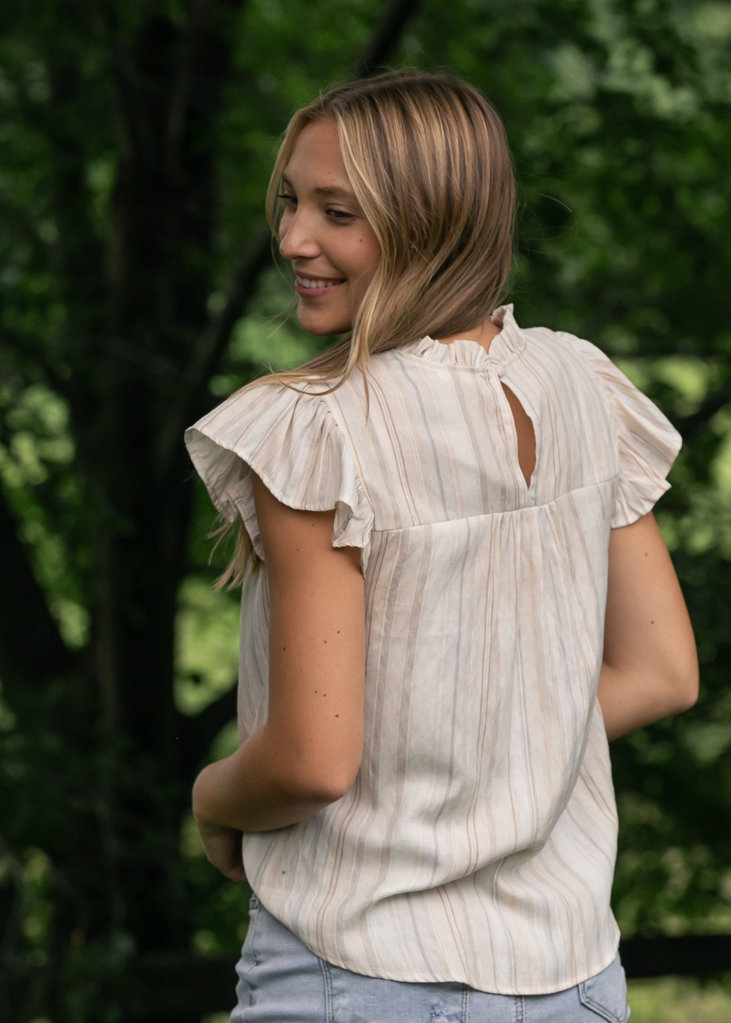 Stripe Lace Trim Ruffle Sleeve Top - FINAL SALE