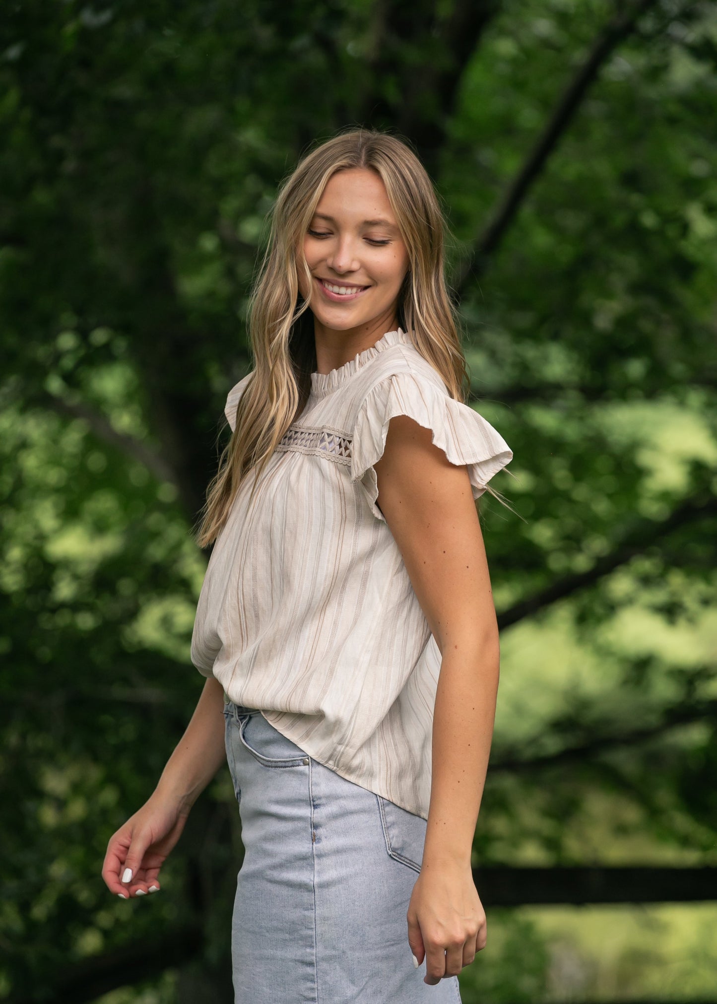 Stripe Lace Trim Ruffle Sleeve Top - FINAL SALE