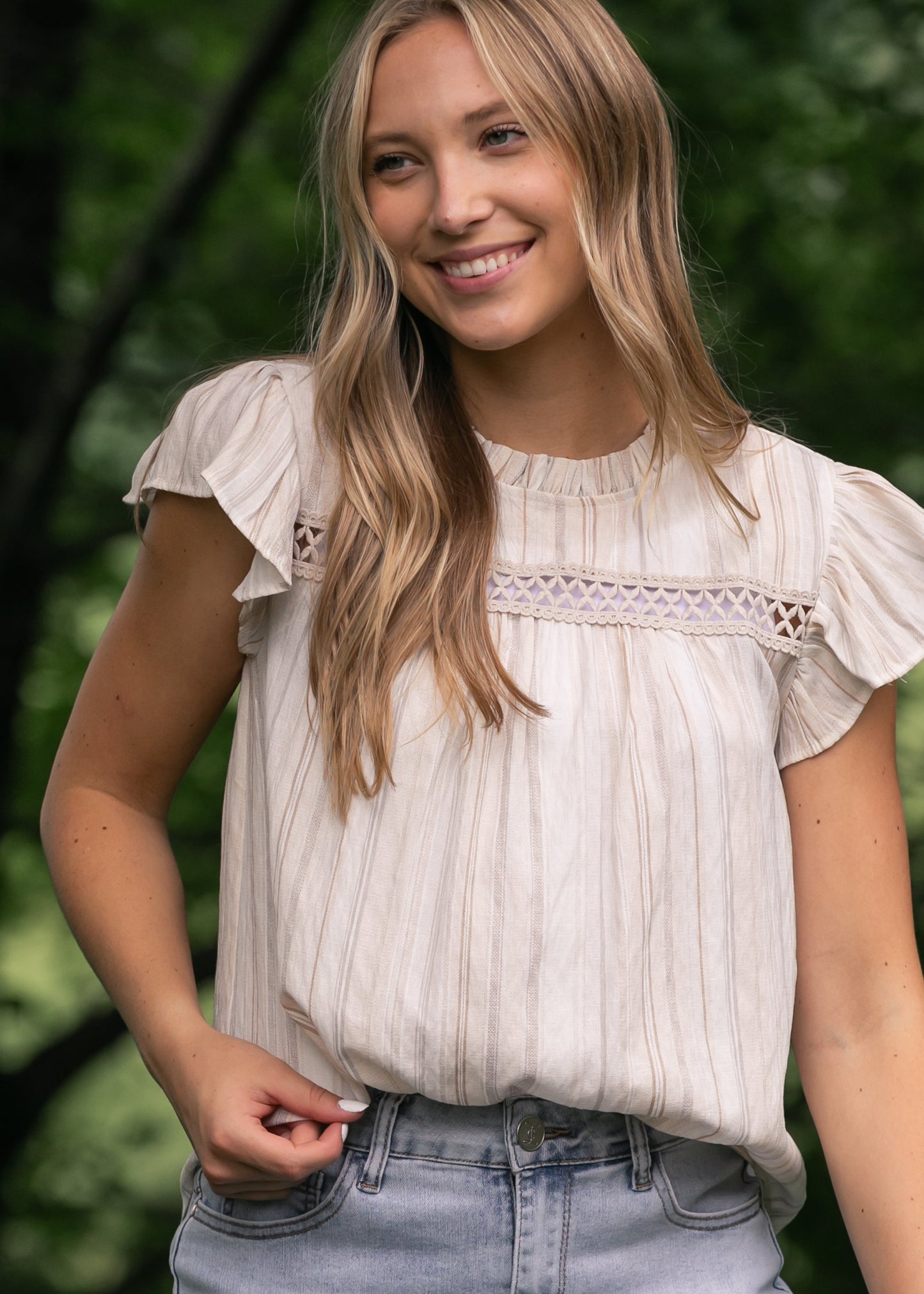 Stripe Lace Trim Ruffle Sleeve Top - FINAL SALE
