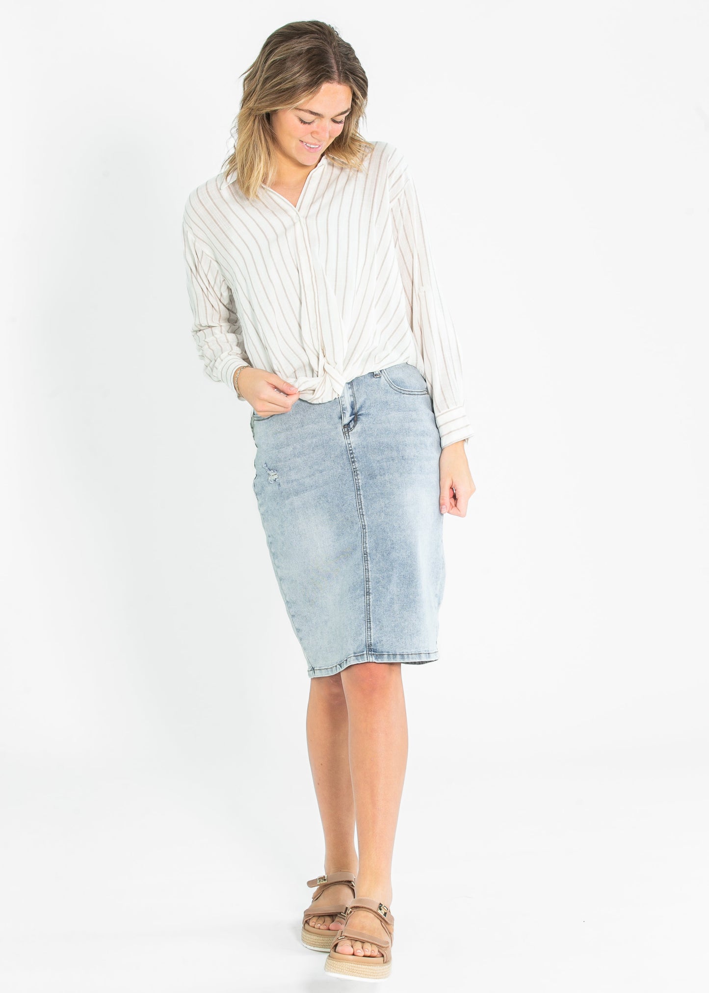 Striped Long Sleeve Button Up Twist Hem Top - FINAL SALE